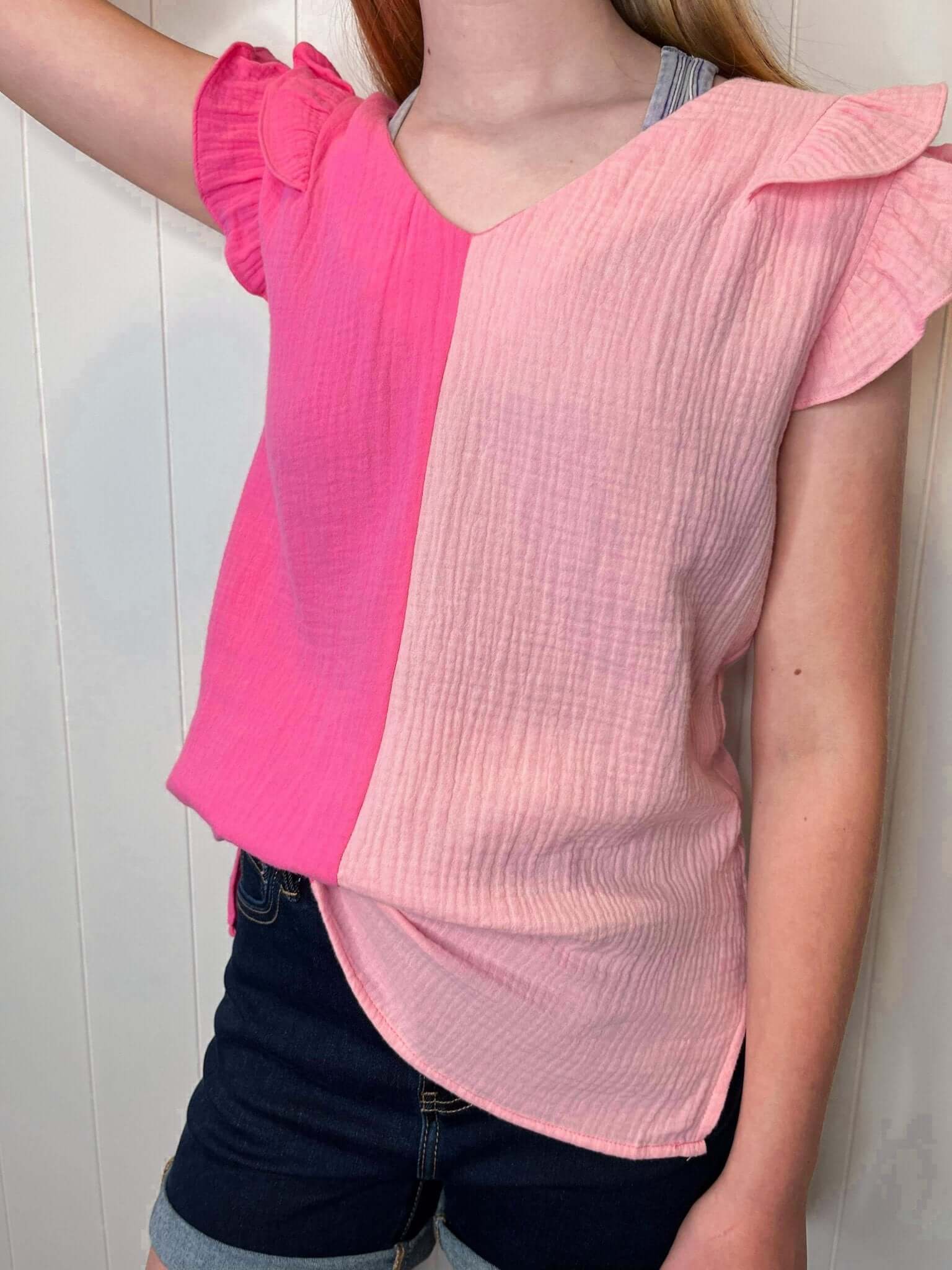 Pink Colorblock Gauze Ruffled Short Sleeve Top - Lavender Hills BeautyBibi