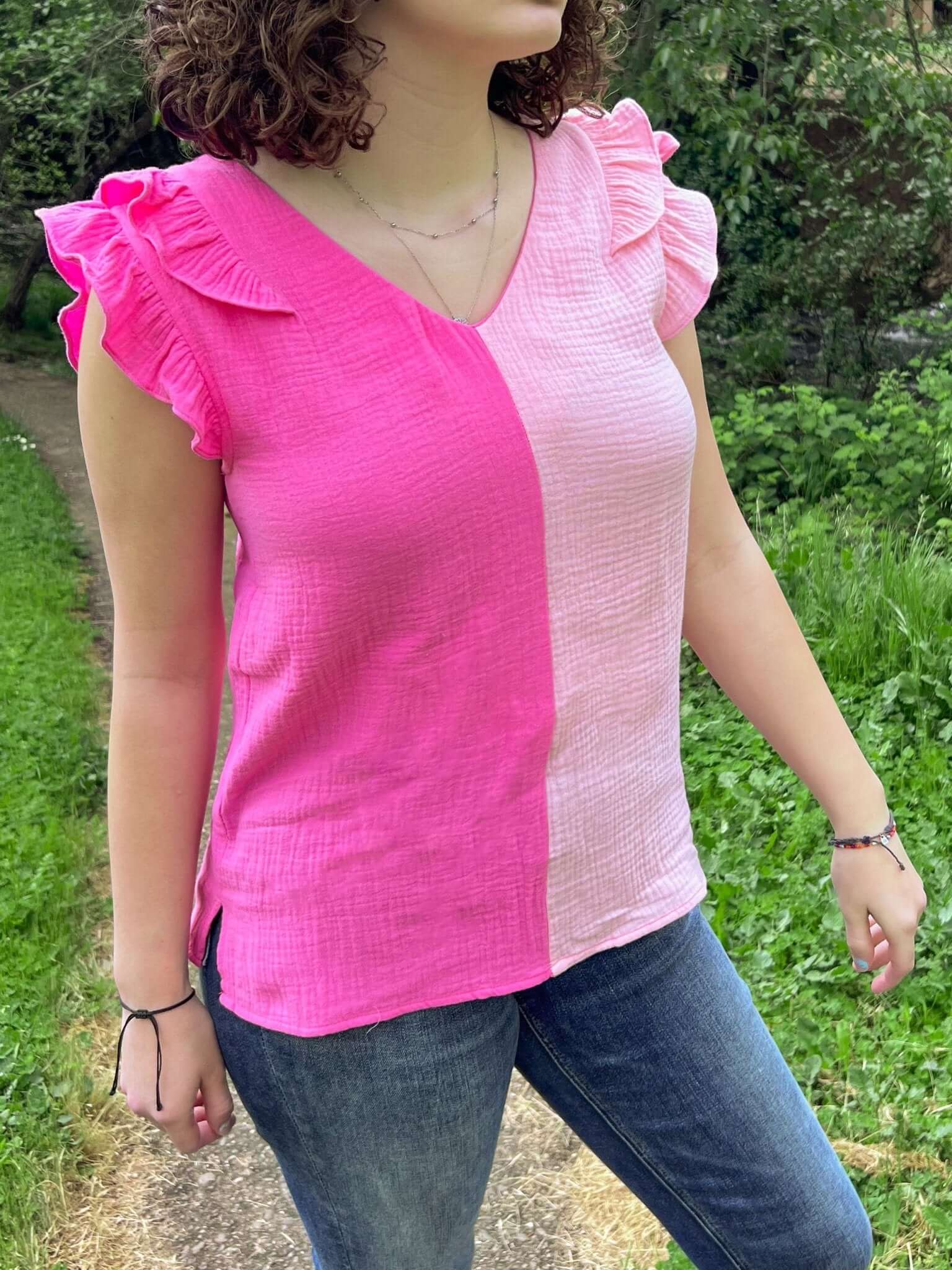 Pink Colorblock Gauze Ruffled Short Sleeve Top - Lavender Hills BeautyBibi