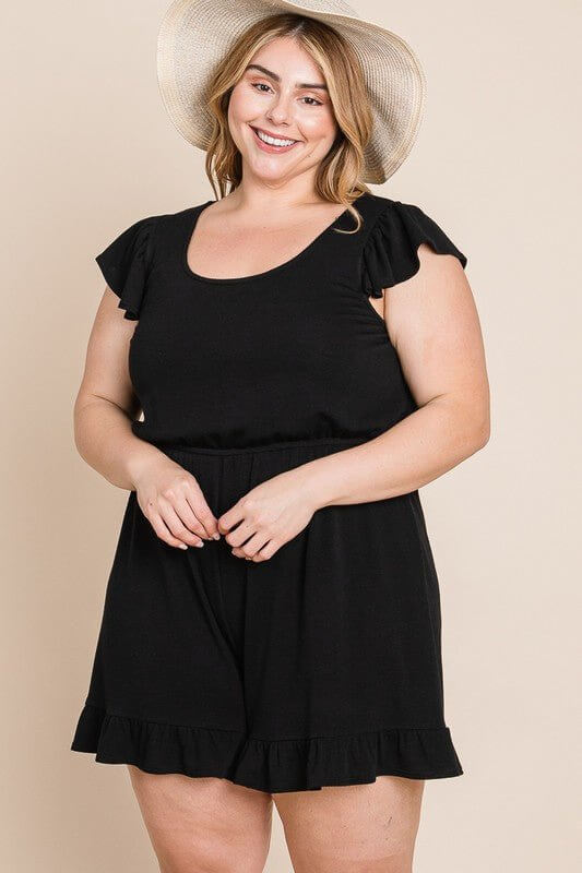 Black French Terry Ruffle Sleeve Romper Lounger - Lavender Hills BeautyEmerald Collection