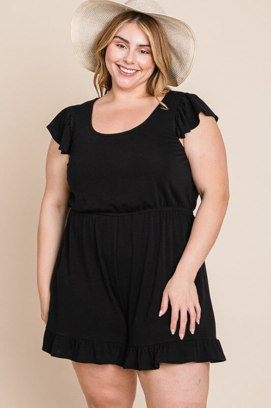 Black French Terry Ruffle Sleeve Romper Lounger - Lavender Hills BeautyEmerald Collection