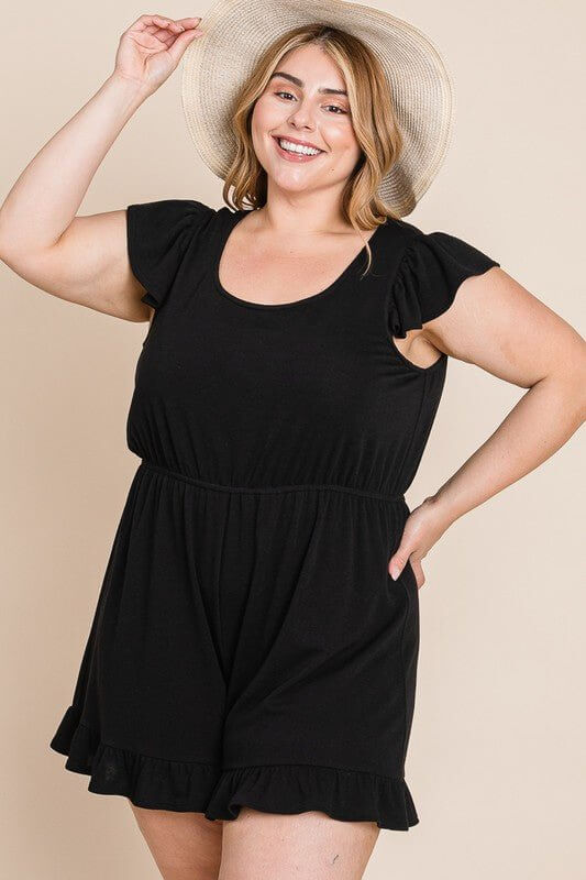 Black French Terry Ruffle Sleeve Romper Lounger - Lavender Hills BeautyEmerald Collection