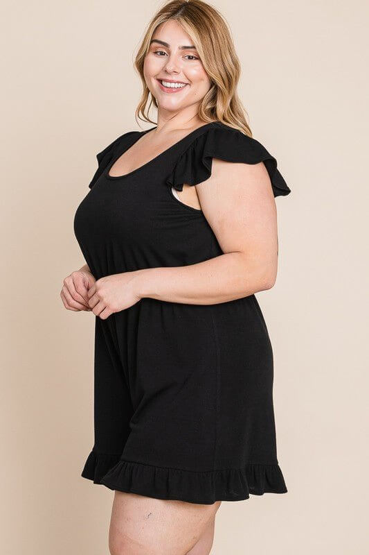 Black French Terry Ruffle Sleeve Romper Lounger - Lavender Hills BeautyEmerald Collection