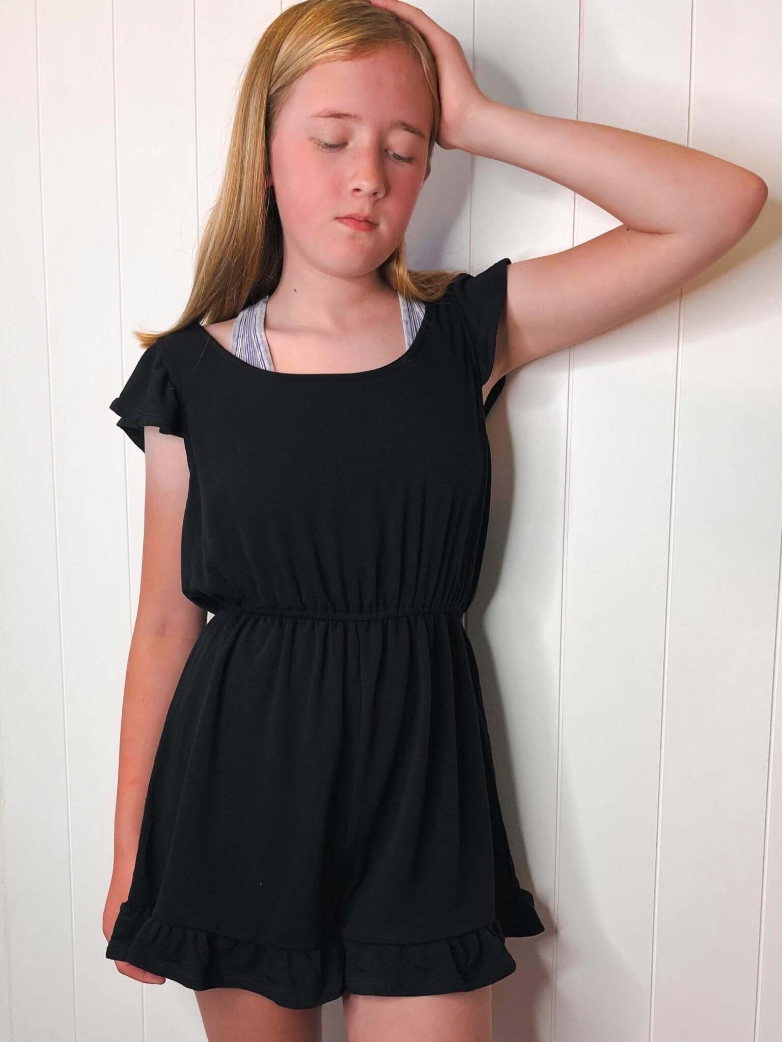 Black French Terry Ruffle Sleeve Romper Lounger - Lavender Hills BeautyEmerald Collection