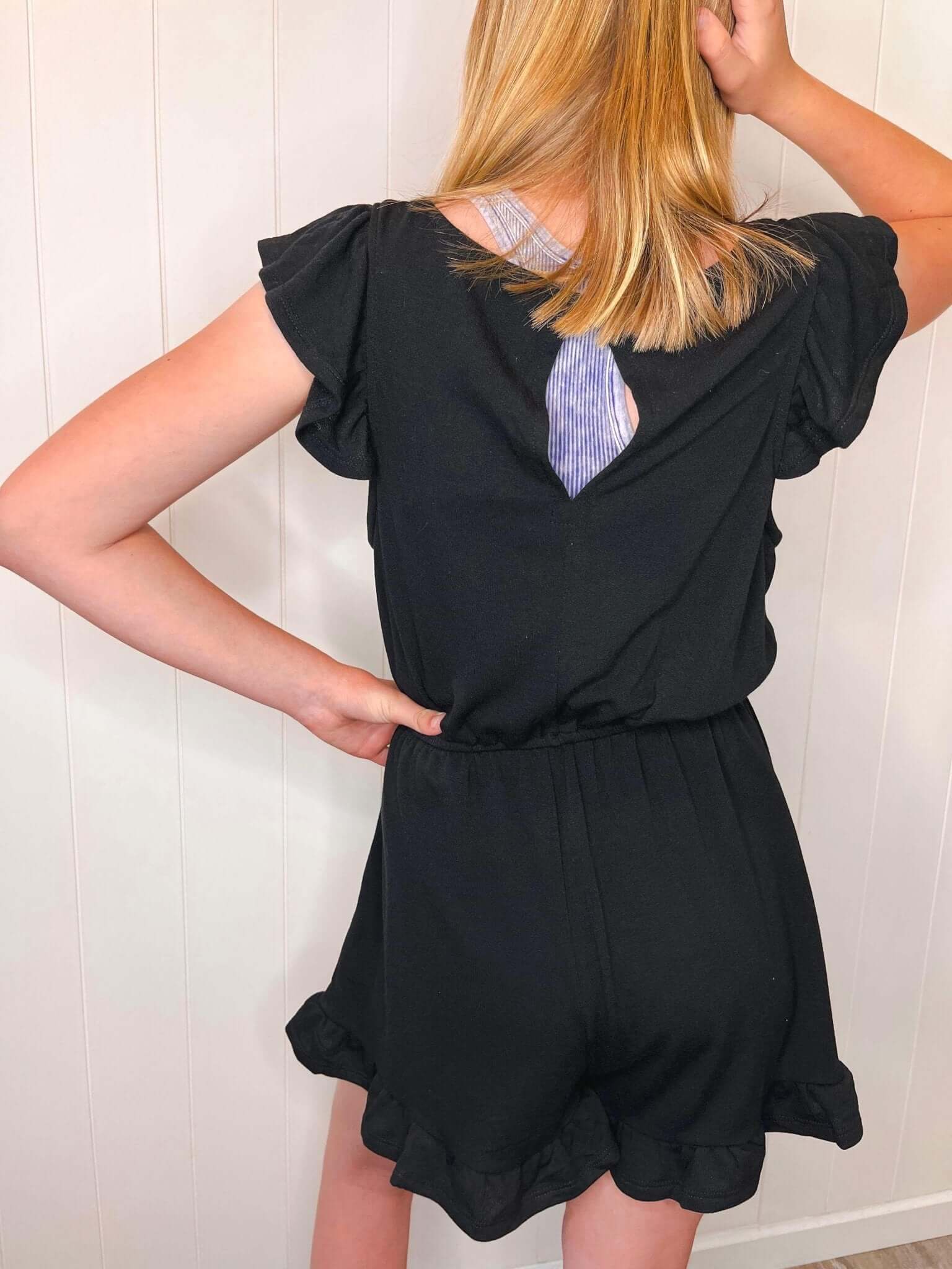 Black French Terry Ruffle Sleeve Romper Lounger - Lavender Hills BeautyEmerald Collection