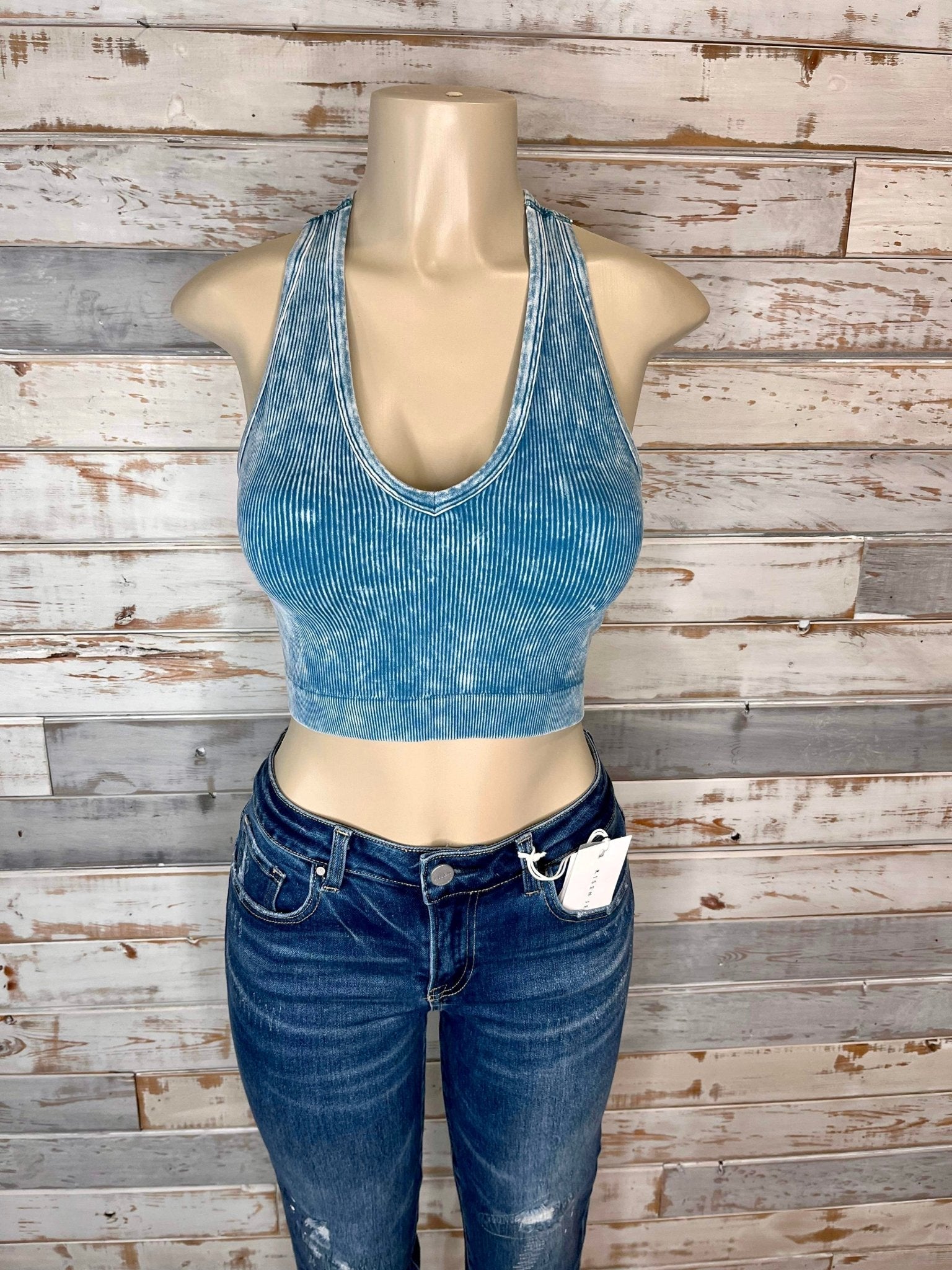 Bombshell Plus V-Neck Racerback Brami Cropped Tank Top - Teal - Lavender Hills BeautyZenana