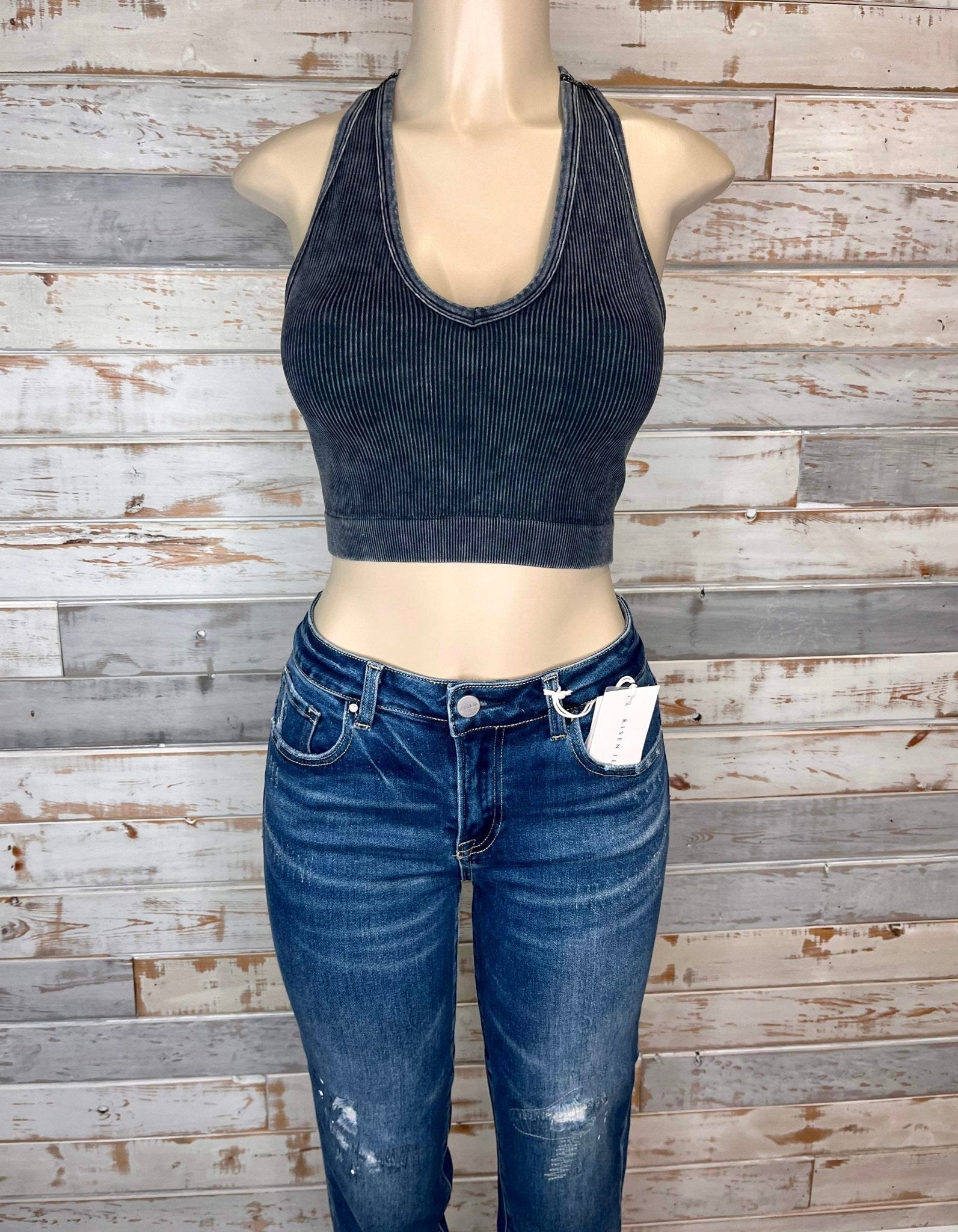 Bombshell Plus V-Neck Racerback Brami Cropped Tank Top - Ash Black - Lavender Hills BeautyZenana