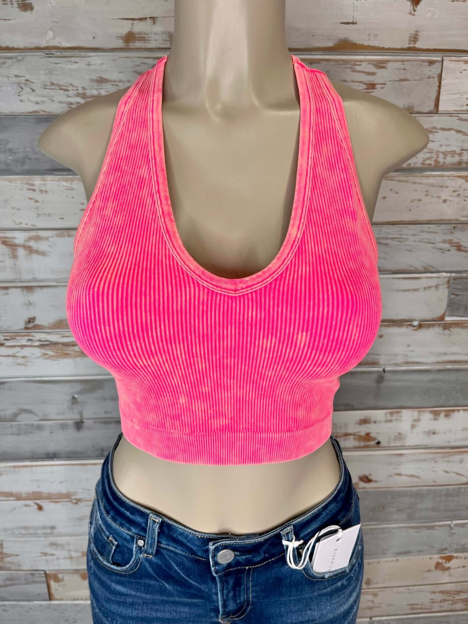 Bombshell Plus V-Neck Racerback Brami Cropped Tank Top - Coral Fuchsia - Lavender Hills BeautyZenana