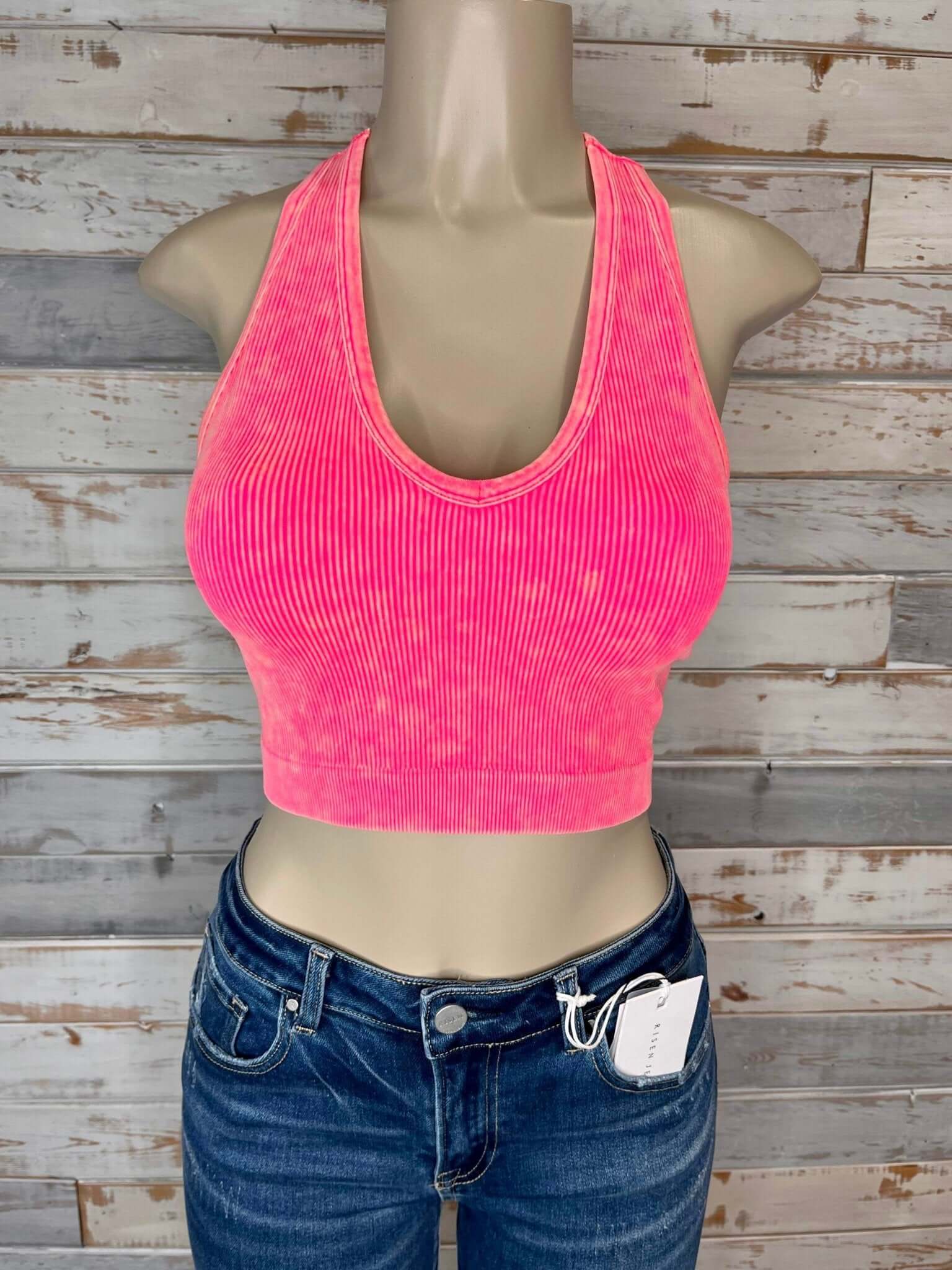 Bombshell Plus V-Neck Racerback Brami Cropped Tank Top - Coral Fuchsia - Lavender Hills BeautyZenana