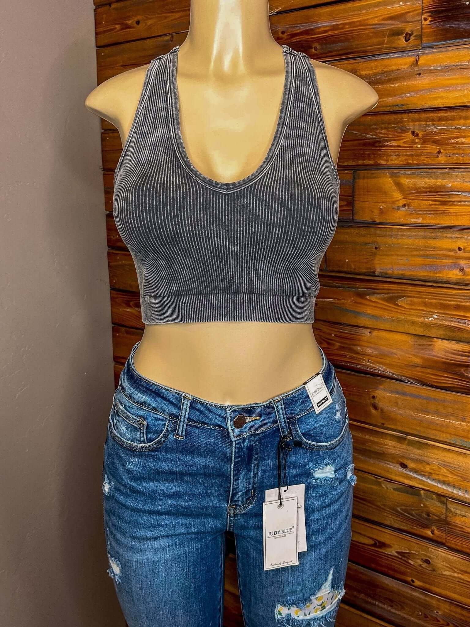 Bombshell V-Neck Racerback Brami Cropped Tank Top - Ash Grey - Lavender Hills BeautyZenana