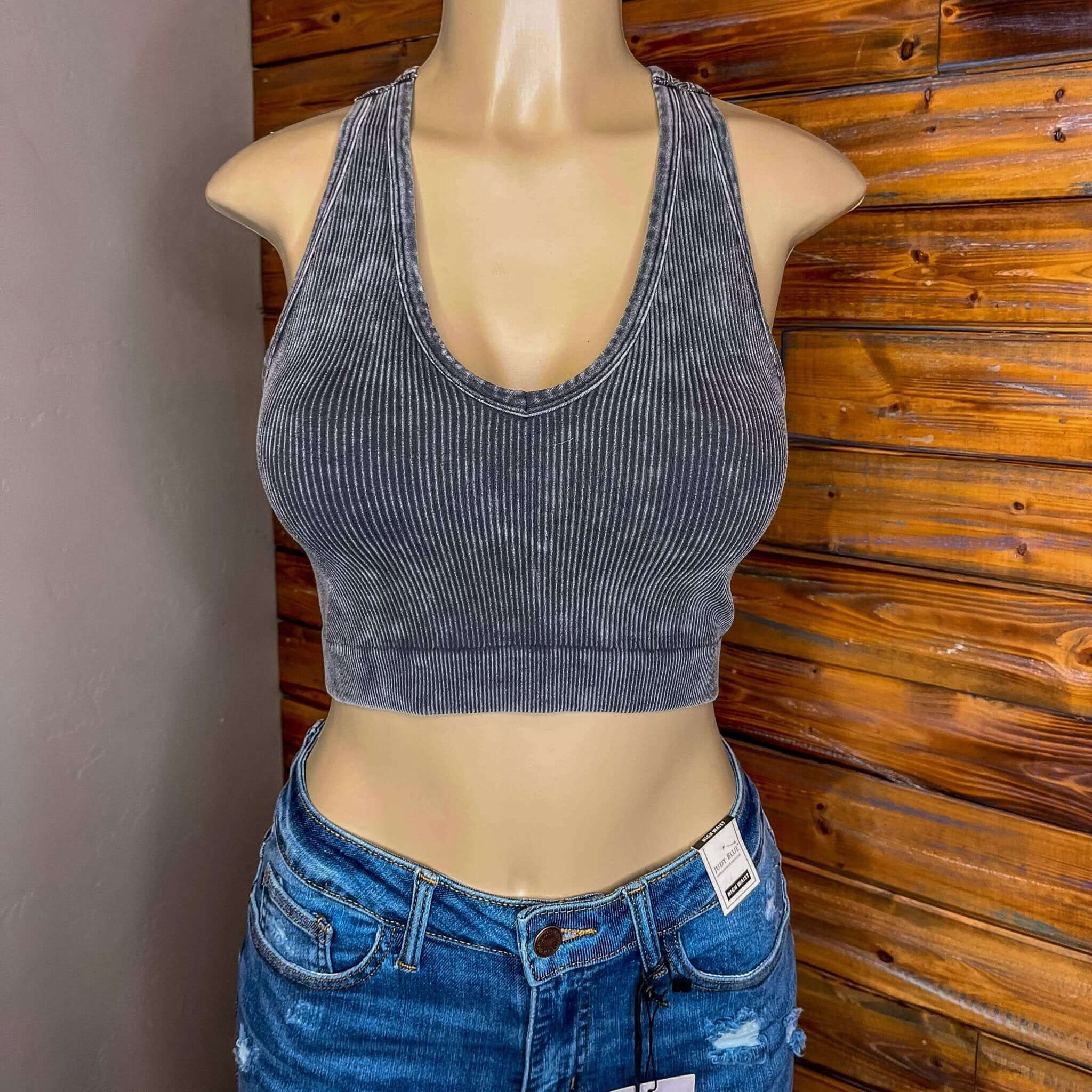 Bombshell V-Neck Racerback Brami Cropped Tank Top - Ash Grey - Lavender Hills BeautyZenana