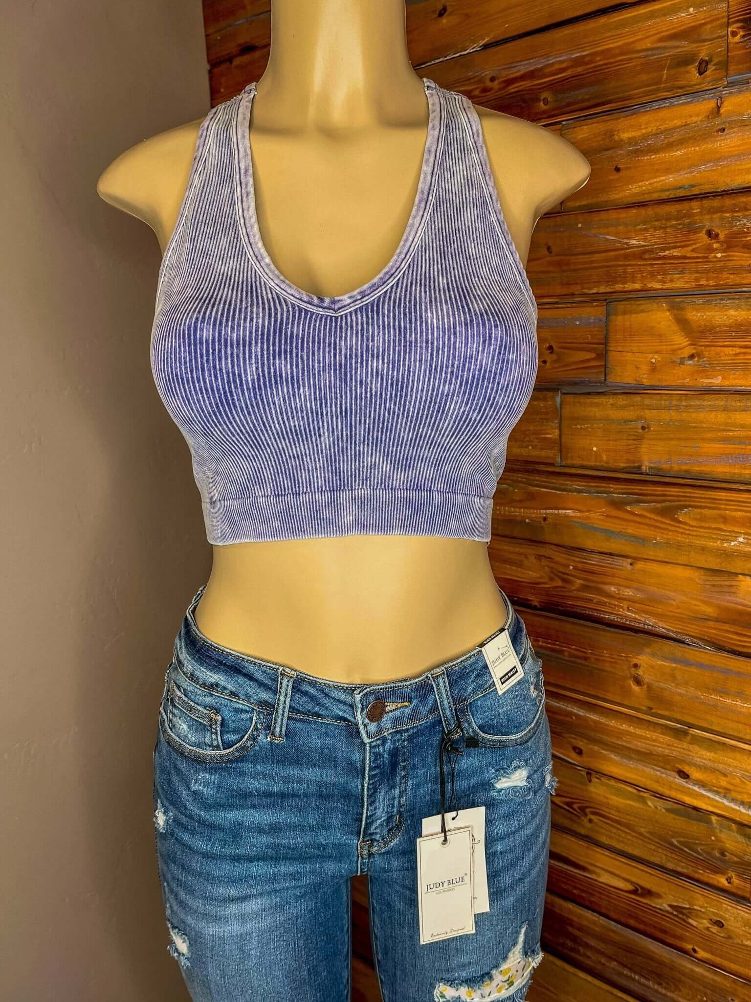 Bombshell V-Neck Racerback Brami Cropped Tank Top - Blueberry - Lavender Hills BeautyZenana