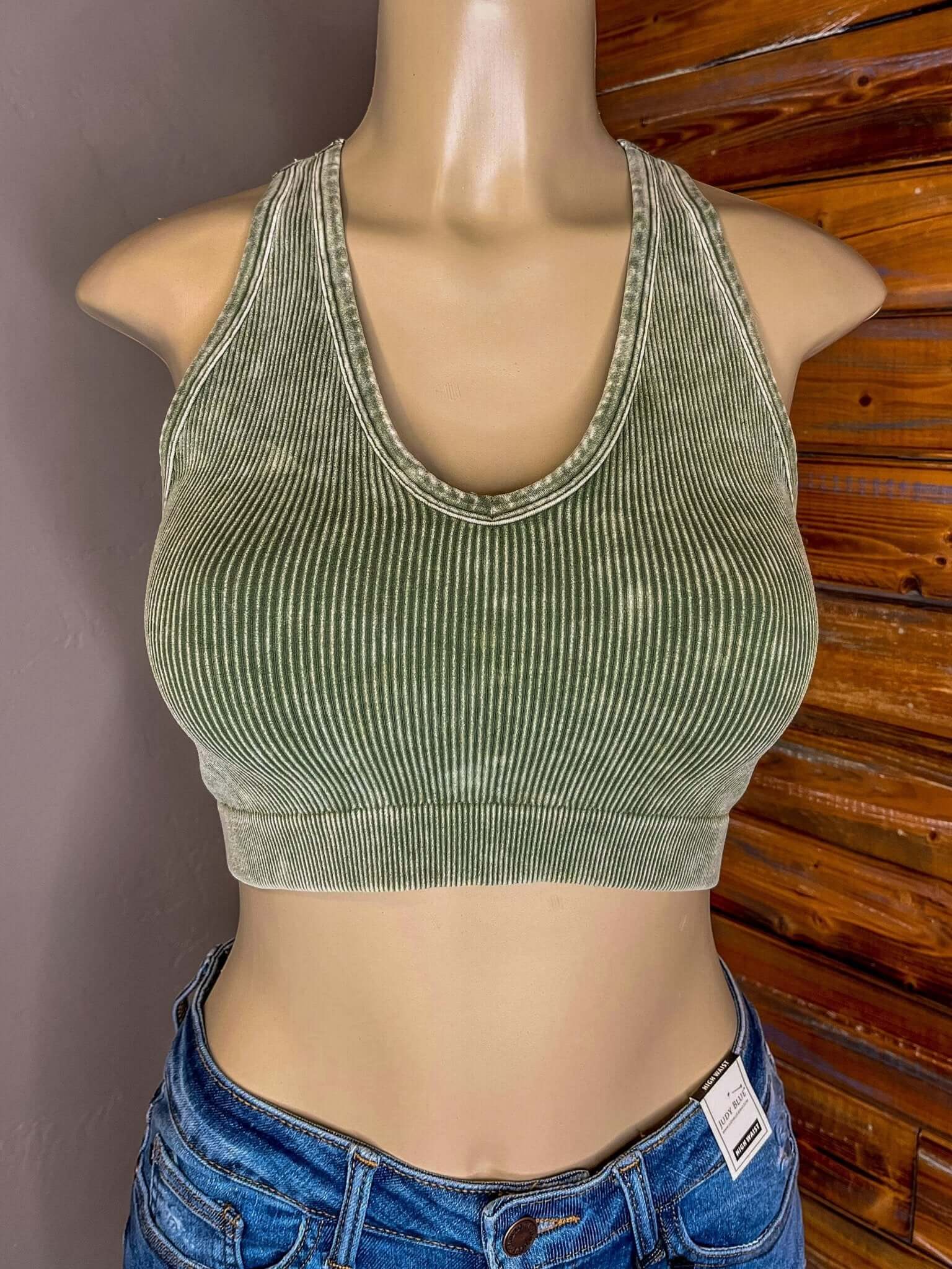Bombshell V-Neck Racerback Brami Cropped Tank Top - Olive - Lavender Hills BeautyZenana