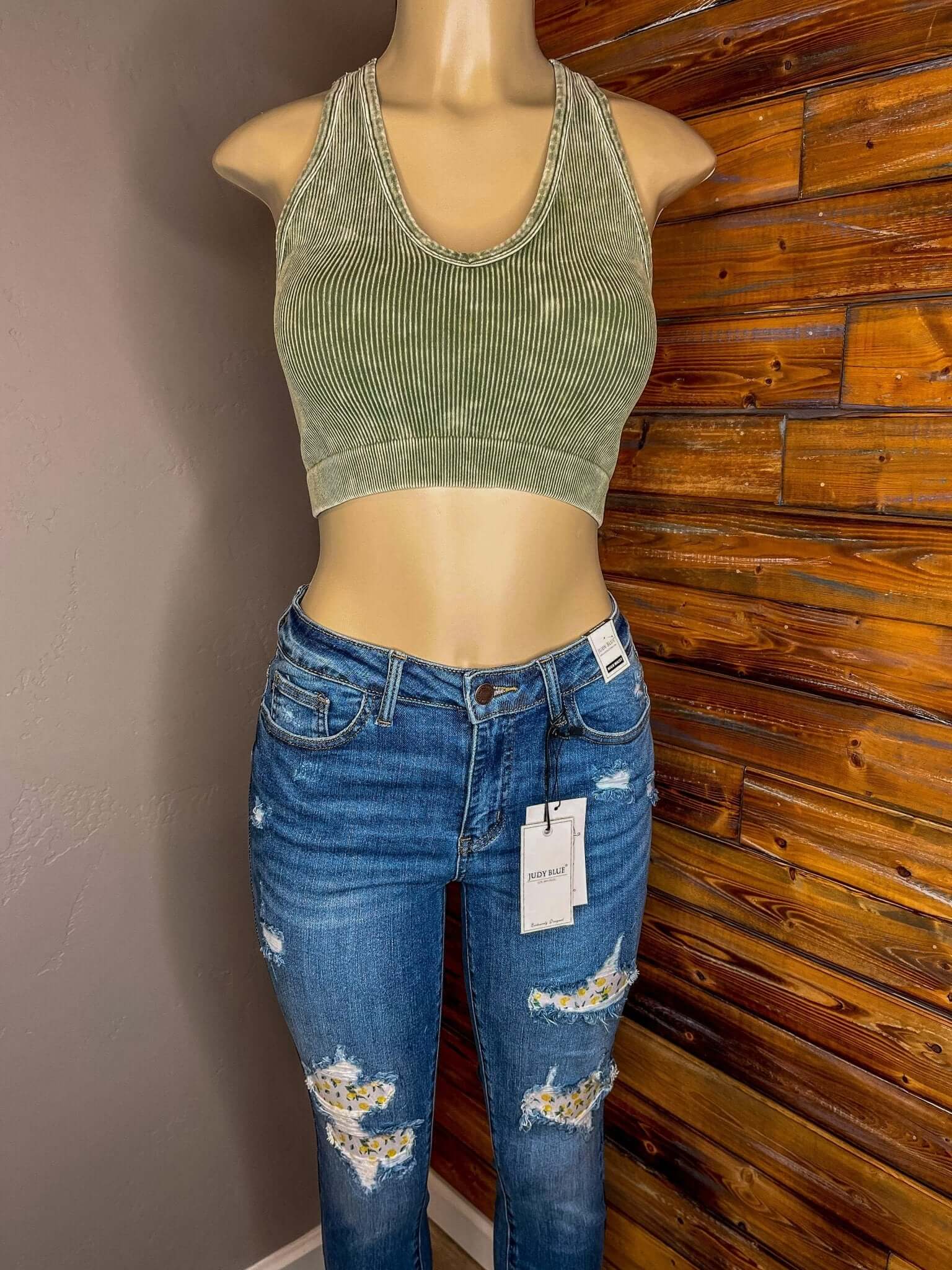 Bombshell V-Neck Racerback Brami Cropped Tank Top - Olive - Lavender Hills BeautyZenana