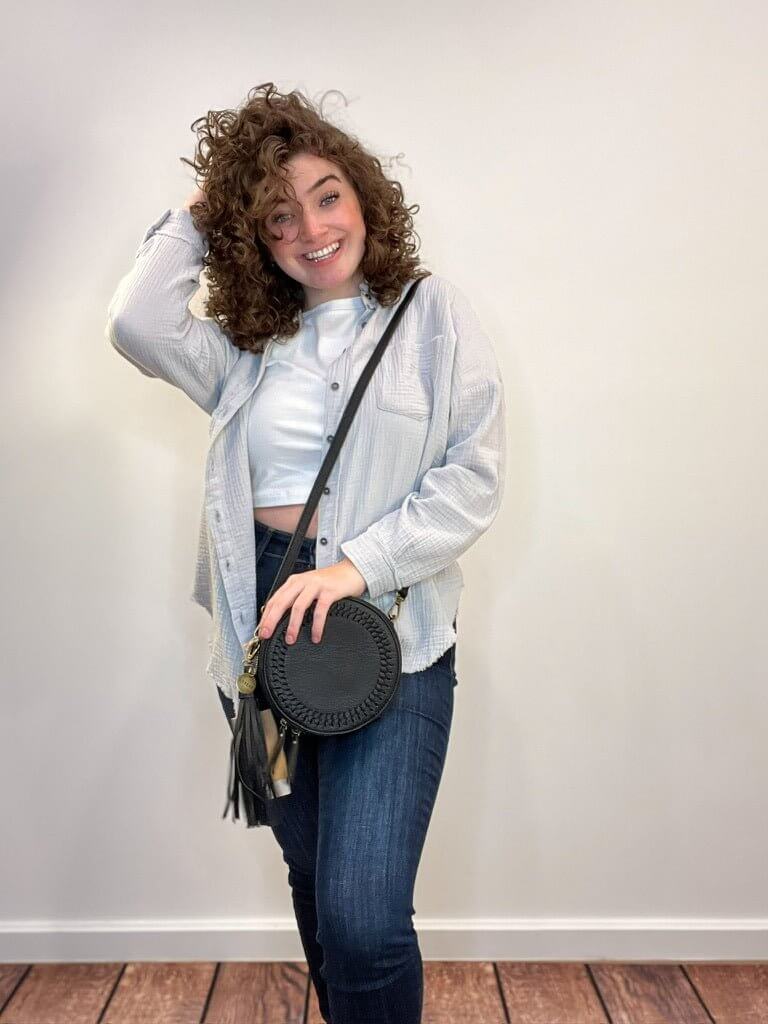 Gauze Button Down Long Sleeve Top - Light Grey - Lavender Hills BeautyZenana