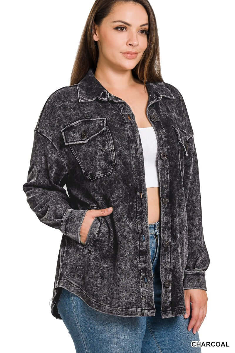 Mineral Washed Plus Shacket - Charcoal - Lavender Hills BeautyZenanaCJW-3215XG3
