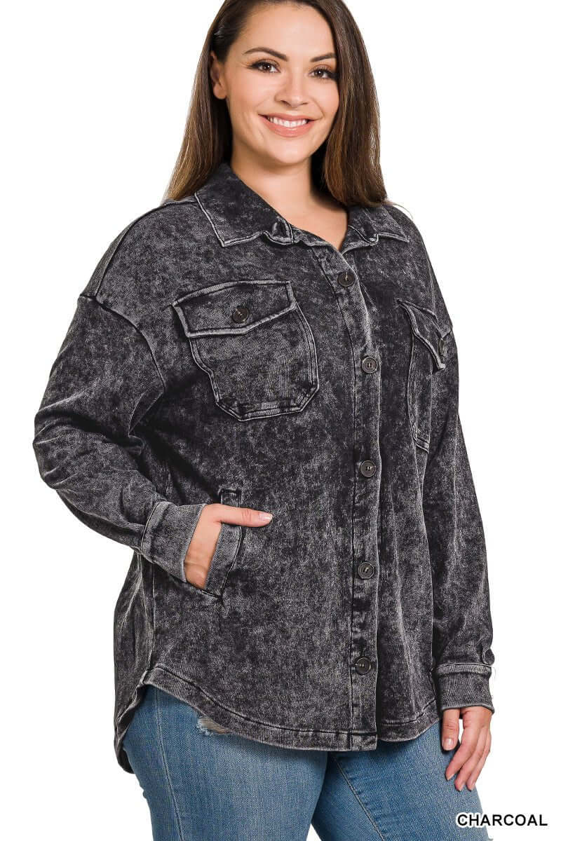 Mineral Washed Plus Shacket - Charcoal - Lavender Hills BeautyZenanaCJW-3215XG3
