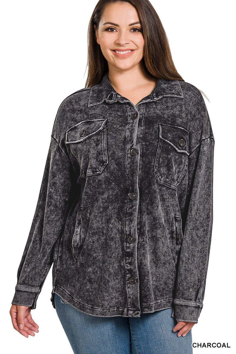 Mineral Washed Plus Shacket - Charcoal - Lavender Hills BeautyZenanaCJW-3215XG3