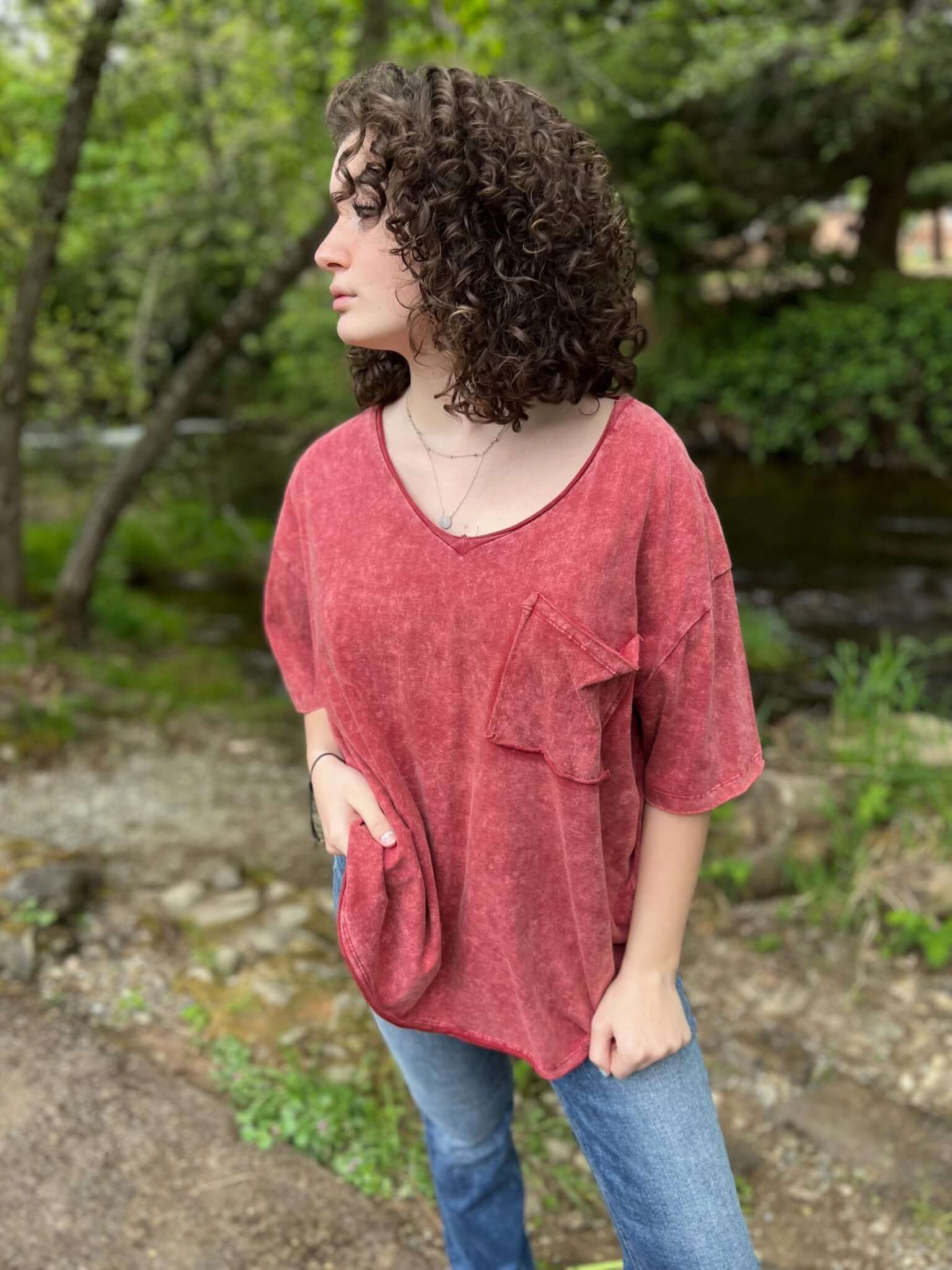 Acid Washed Oversized Boyfriend Pocket Tee - Burgundy - Lavender Hills BeautyZenana