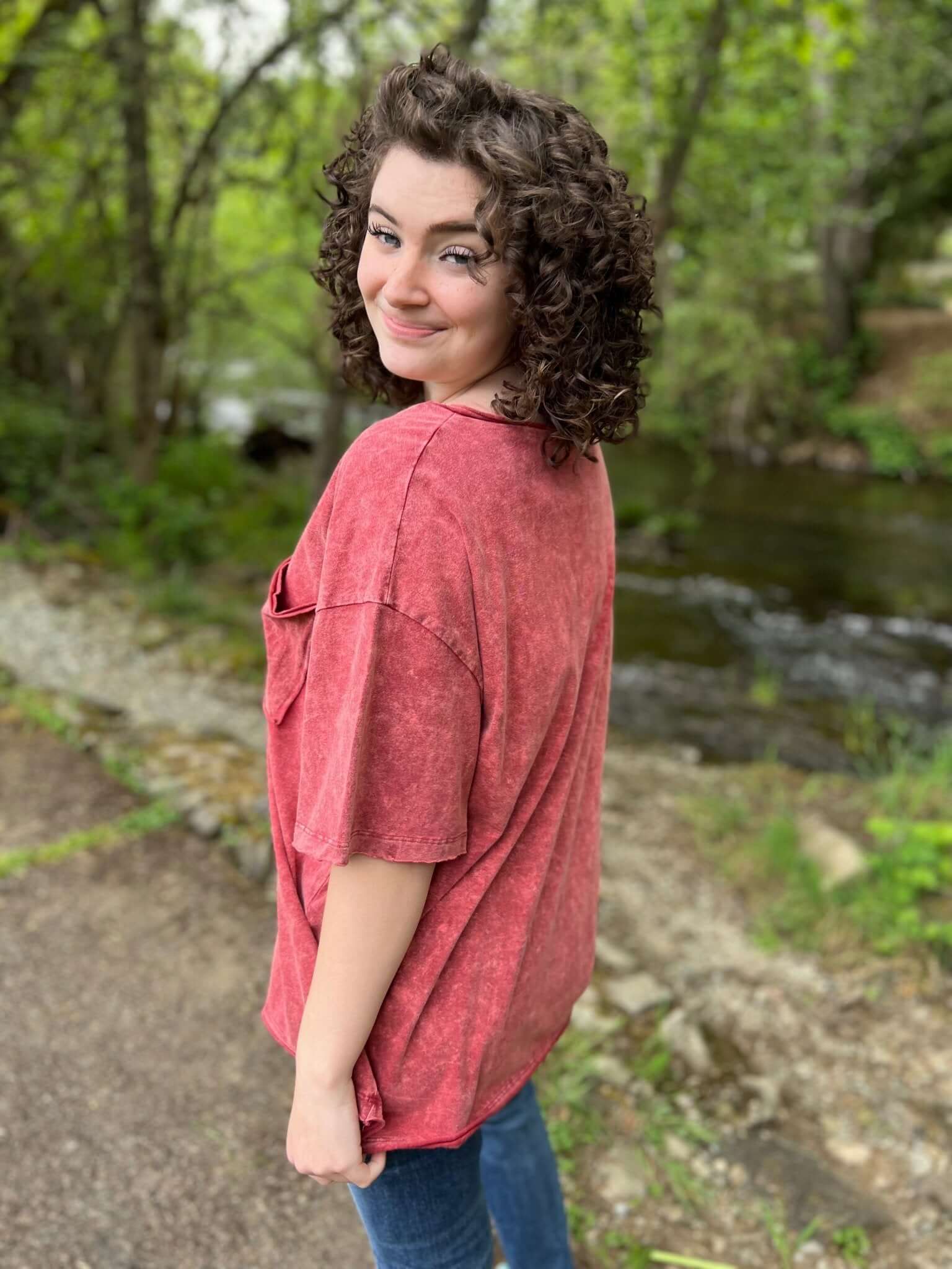 Acid Washed Oversized Boyfriend Pocket Tee - Burgundy - Lavender Hills BeautyZenana