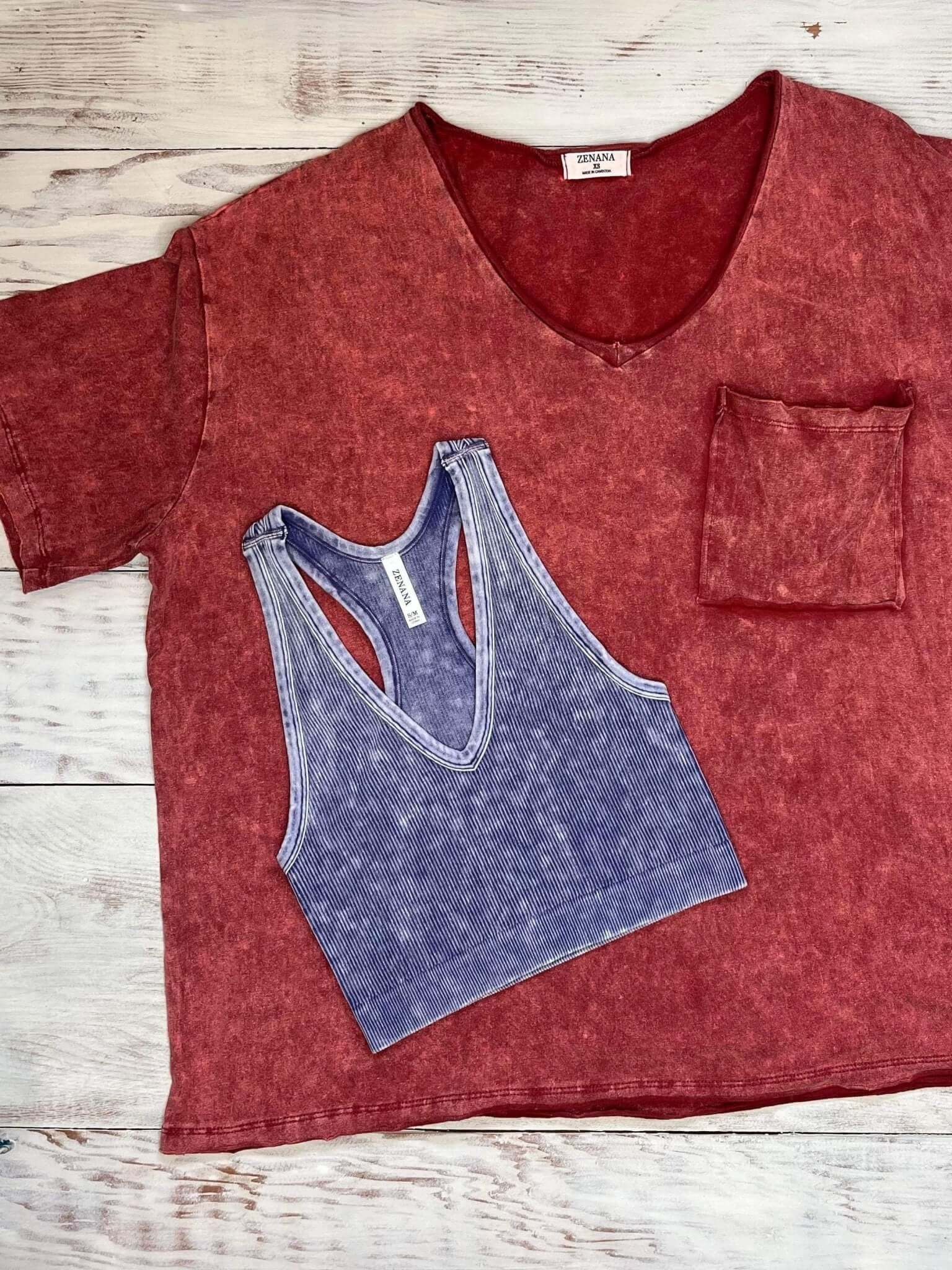 Acid Washed Oversized Boyfriend Pocket Tee - Burgundy - Lavender Hills BeautyZenana