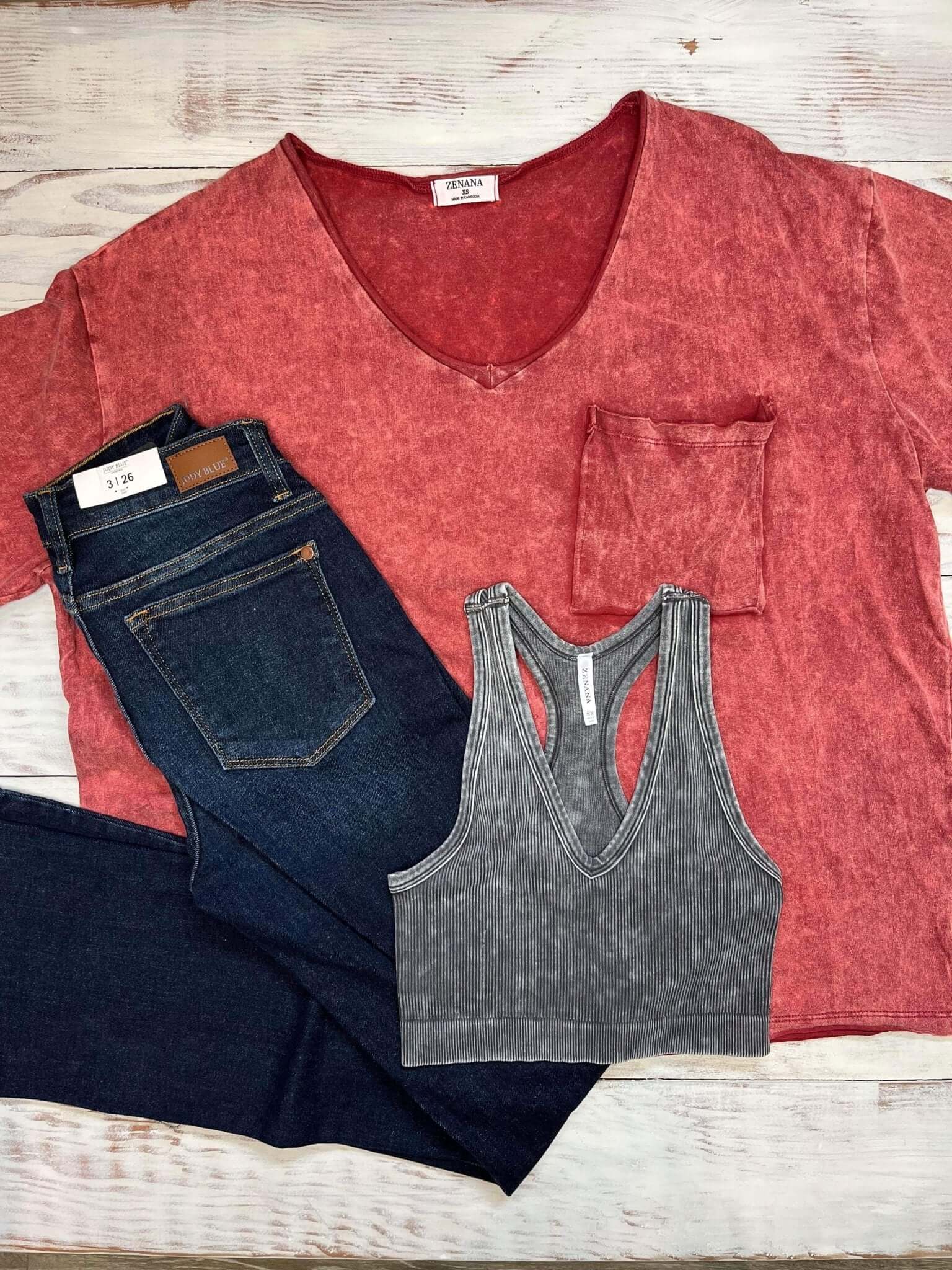Acid Washed Oversized Boyfriend Pocket Tee - Burgundy - Lavender Hills BeautyZenana