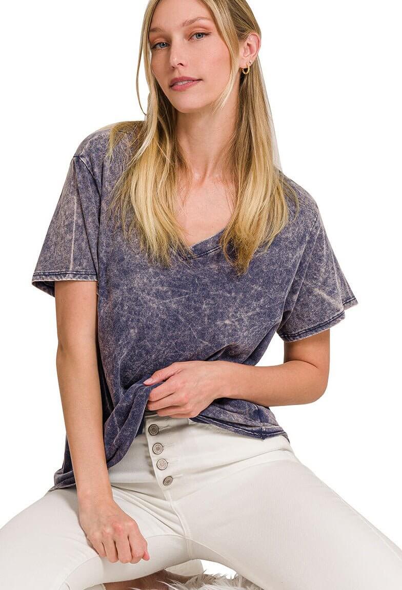 Acid Washed V-Neck T-Shirt - Blackberry - Lavender Hills BeautyZenana