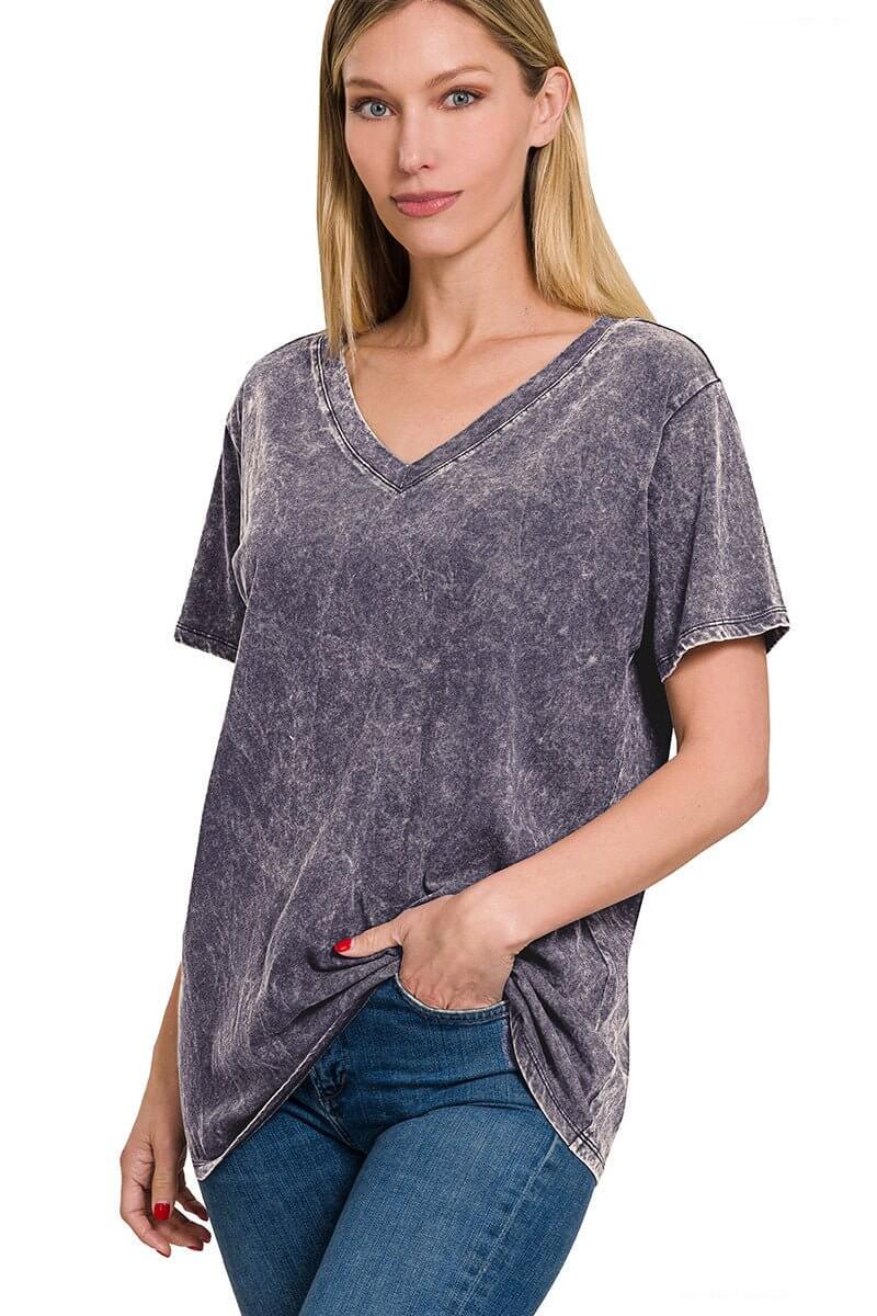 Acid Washed V-Neck T-Shirt - Blackberry - Lavender Hills BeautyZenana