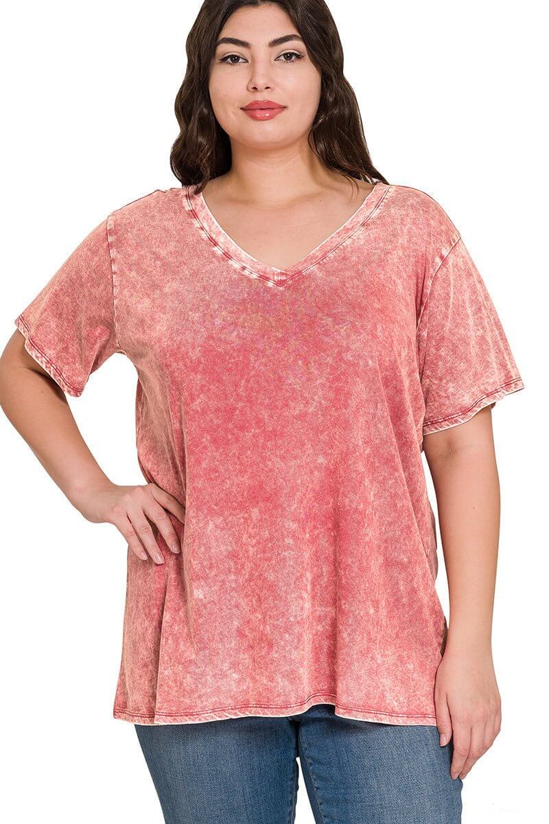 Acid Washed V-Neck Plus T-Shirt - Rose Pink - Lavender Hills BeautyZenanaCTW-3287X-ROSE