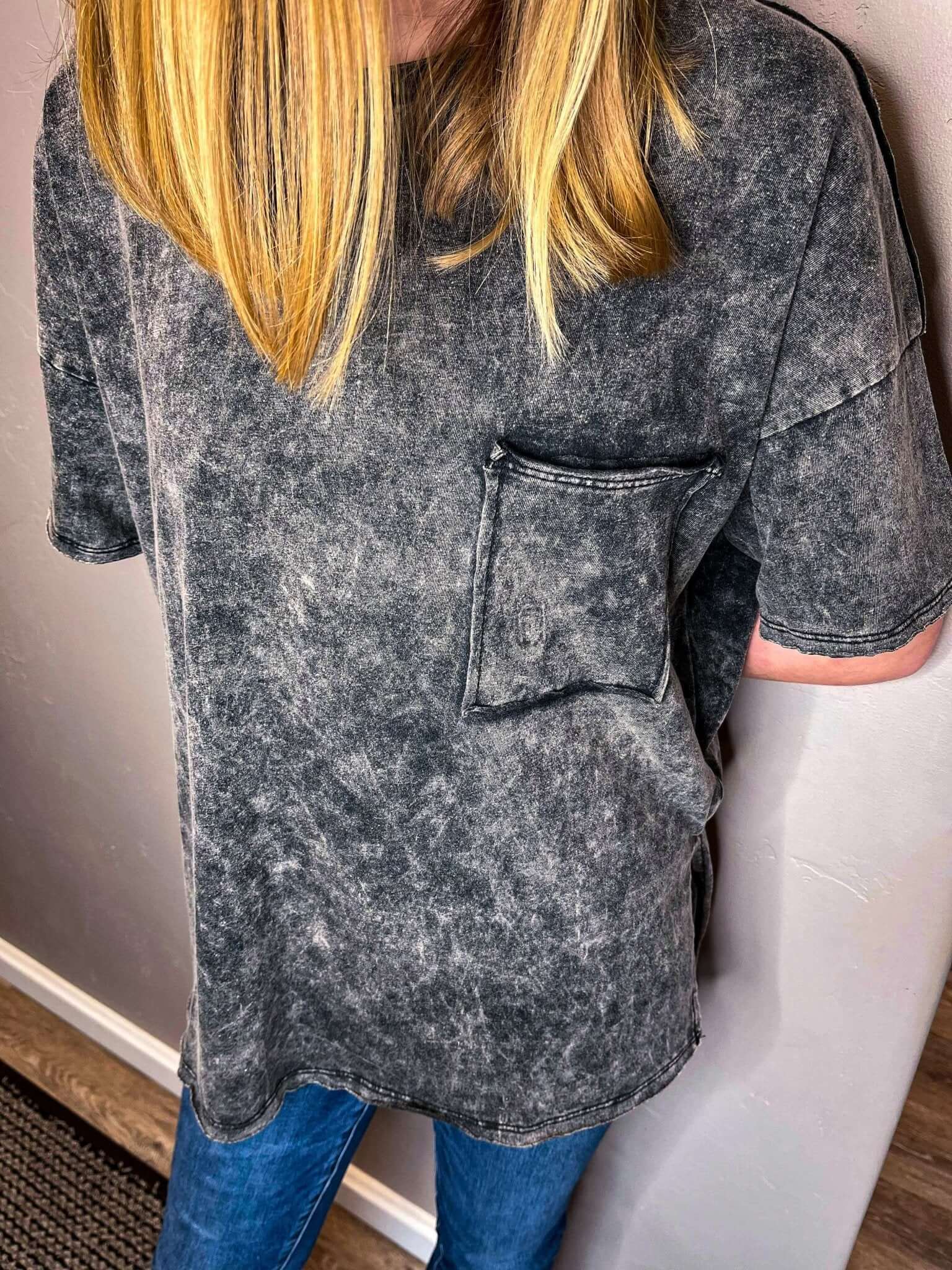 Acid Washed Shirred Back T-Shirt - Ash Black - Lavender Hills BeautyZenana