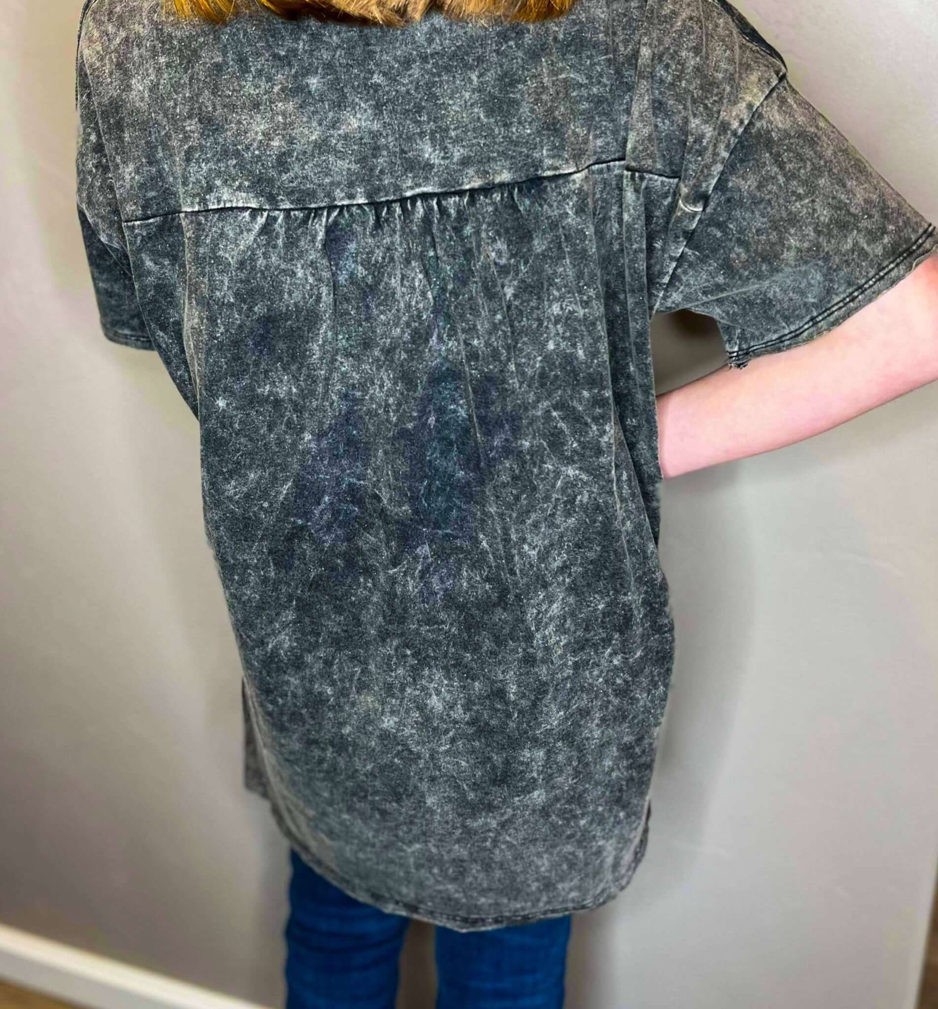 Acid Washed Shirred Back T-Shirt - Ash Black - Lavender Hills BeautyZenana