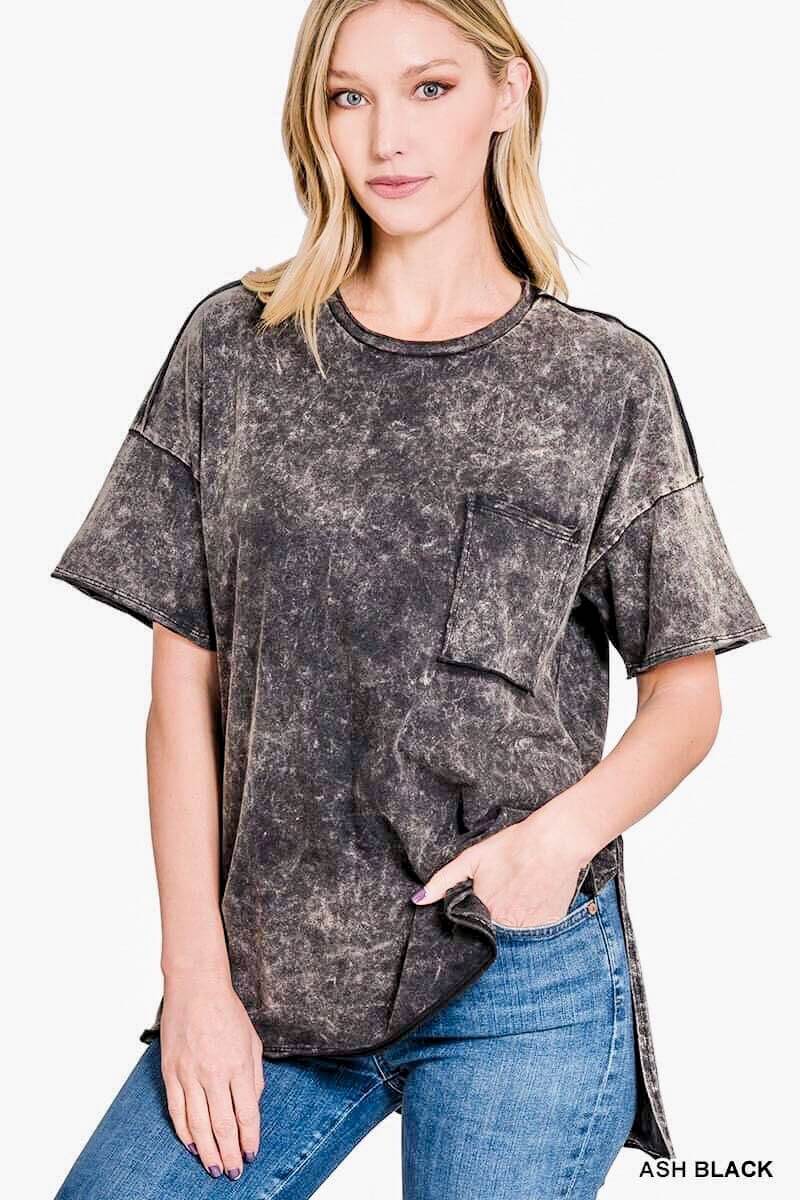 Acid Washed Shirred Back T-Shirt - Ash Black - Lavender Hills BeautyZenana