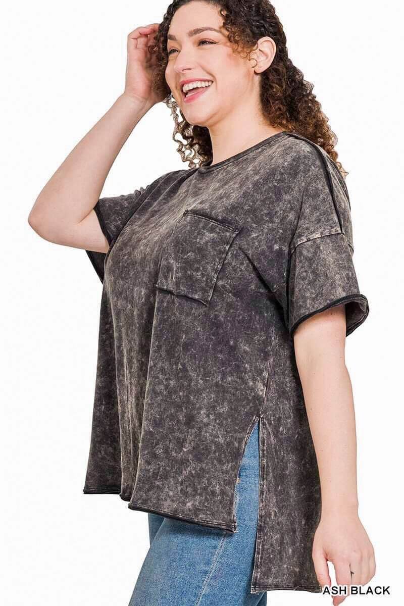 Acid Washed Shirred Back T-Shirt - Ash Black - Lavender Hills BeautyZenana