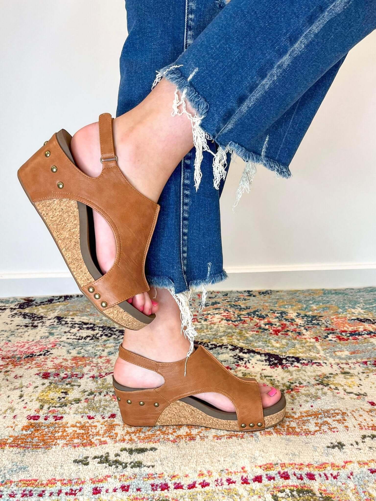 Carley Wedge Sandal - Cognac Smooth - Lavender Hills BeautyCorkys Footwear30-5316-CGSM-Q-6