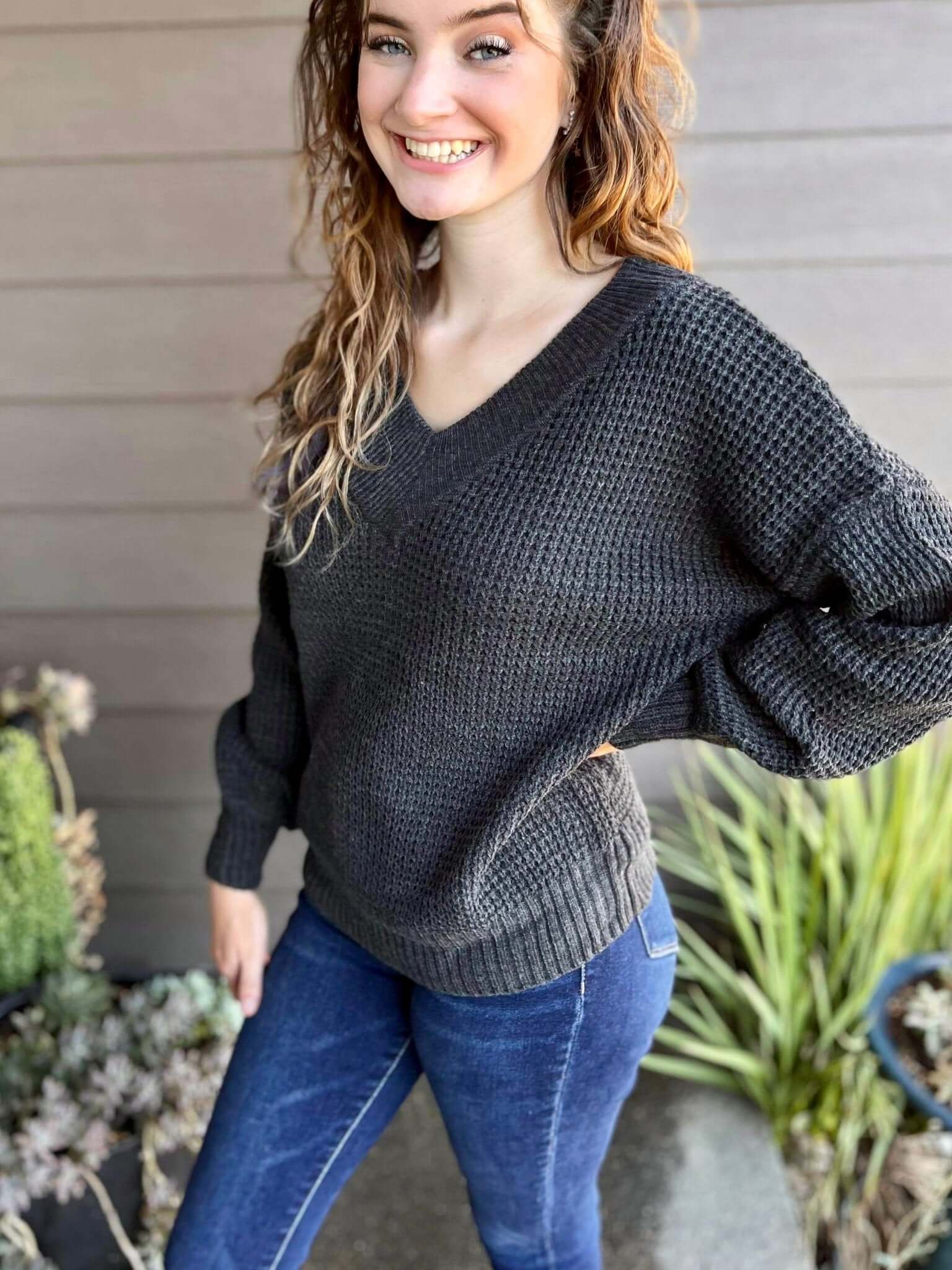 Charcoal Wide V-Neck Sweater - Lavender Hills BeautyZenana