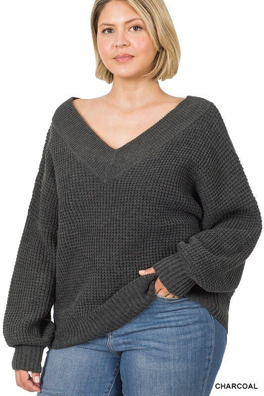 Charcoal Wide V-Neck Sweater - Lavender Hills BeautyZenana