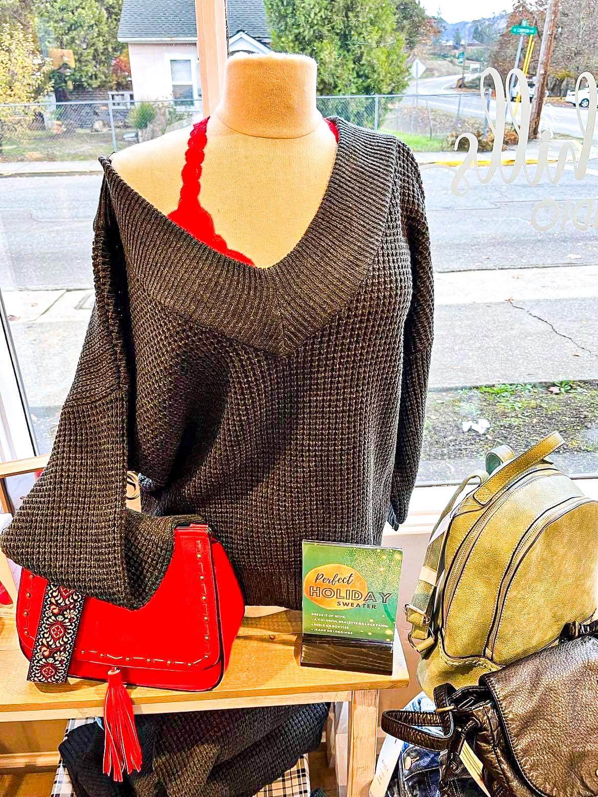 Charcoal Wide V-Neck Sweater - Lavender Hills BeautyZenana