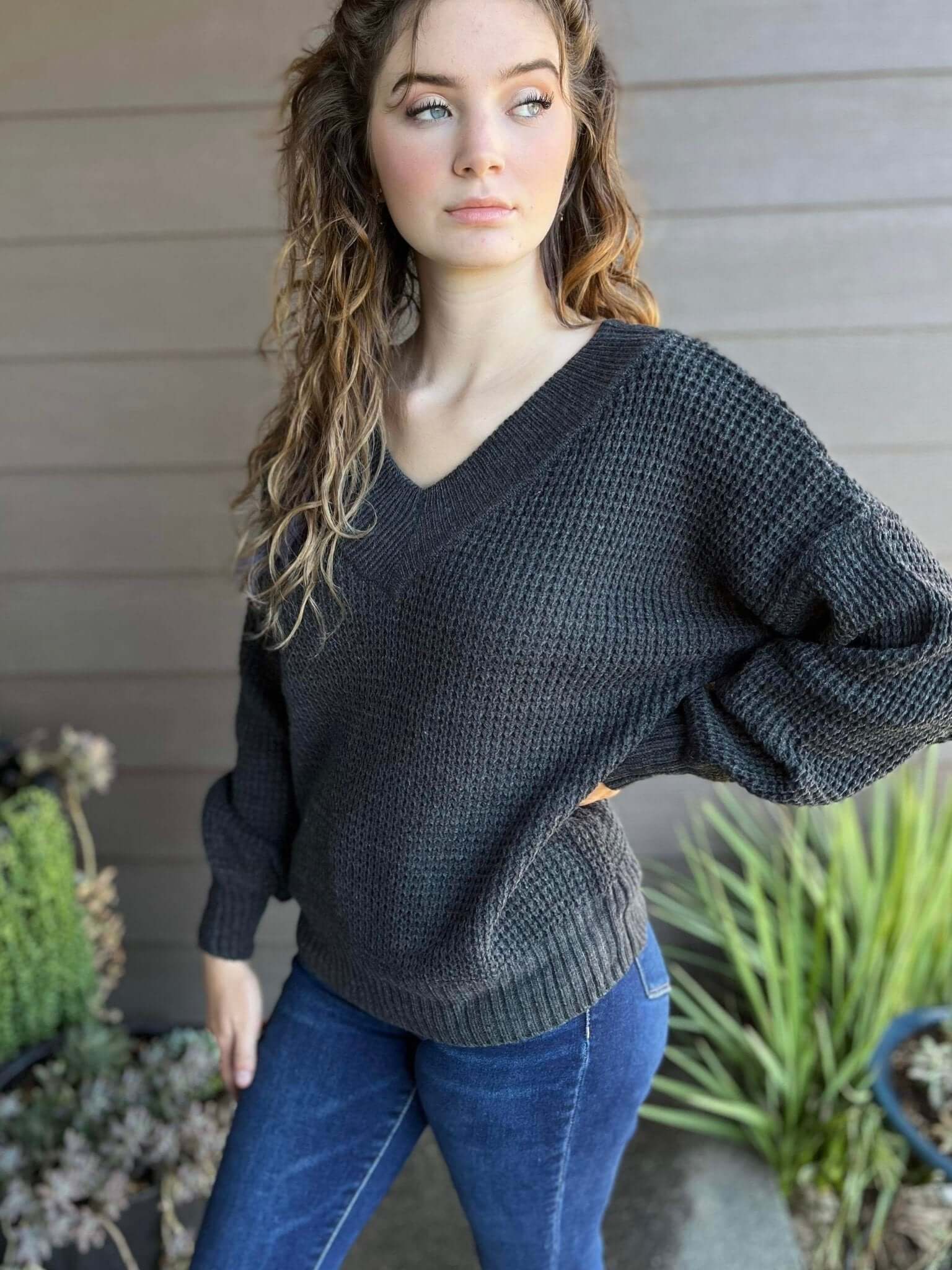 Charcoal Wide V-Neck Sweater - Lavender Hills BeautyZenana