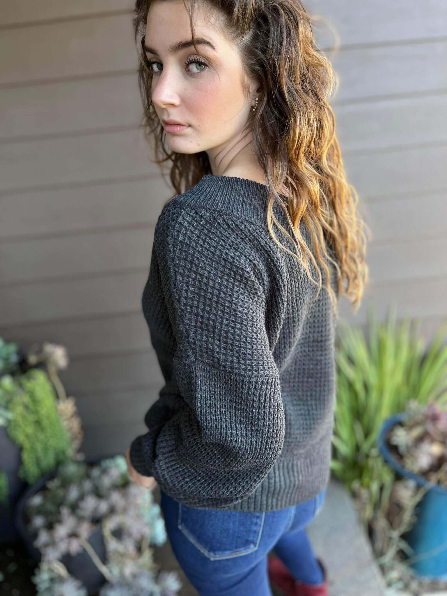 Charcoal Wide V-Neck Sweater - Lavender Hills BeautyZenana