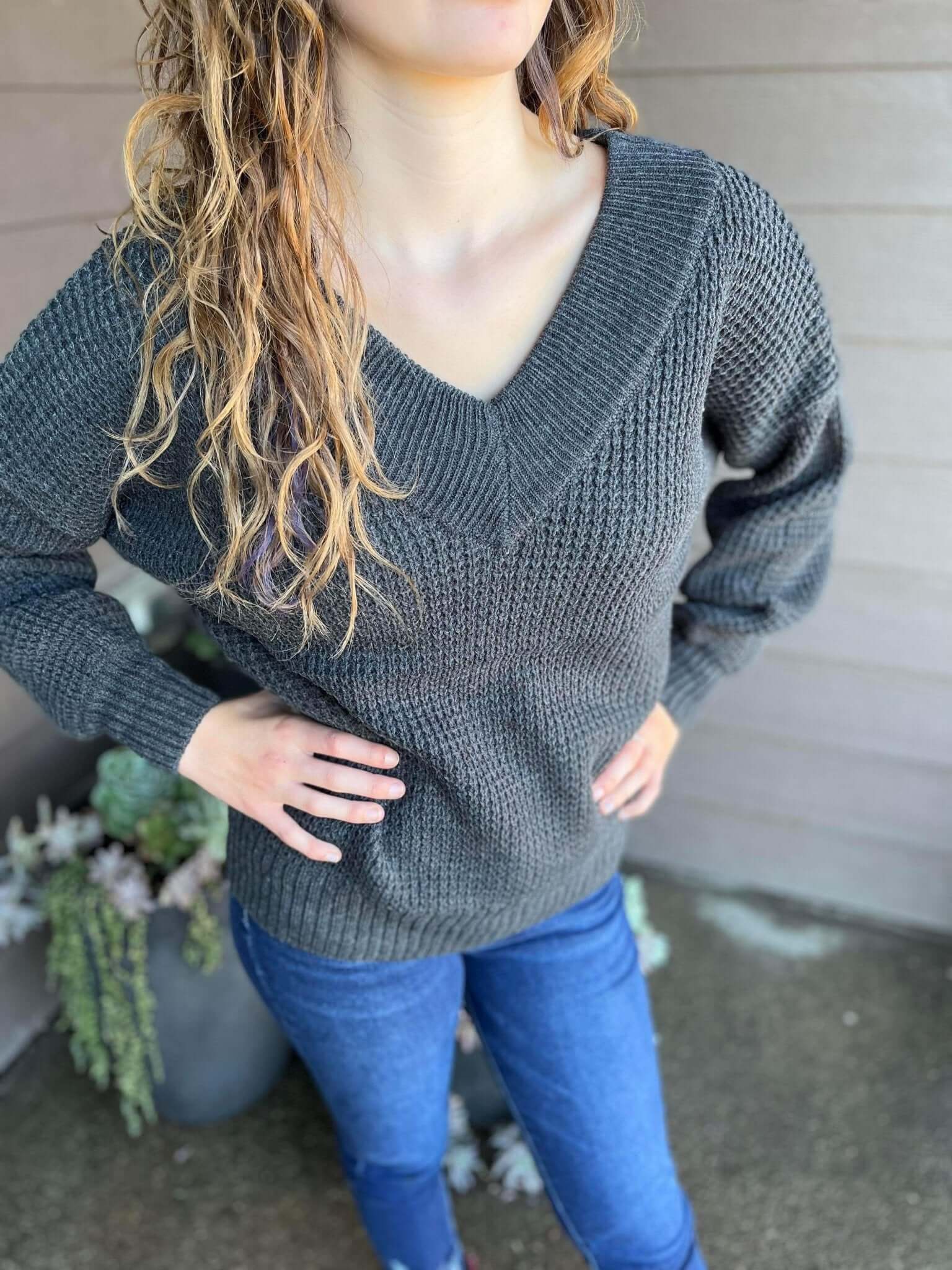 Charcoal Wide V-Neck Sweater - Lavender Hills BeautyZenana