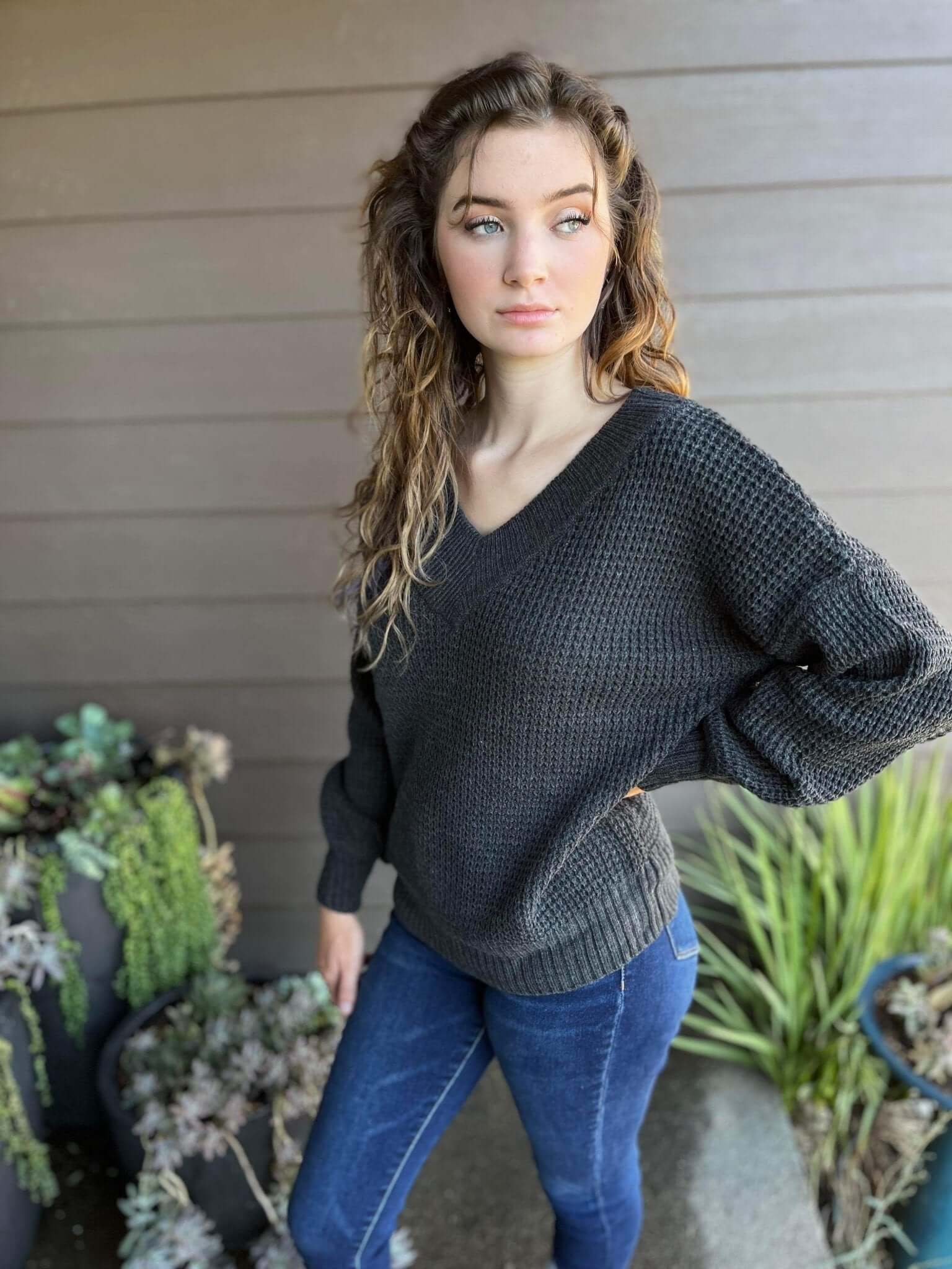 Charcoal Wide V-Neck Sweater - Lavender Hills BeautyZenana