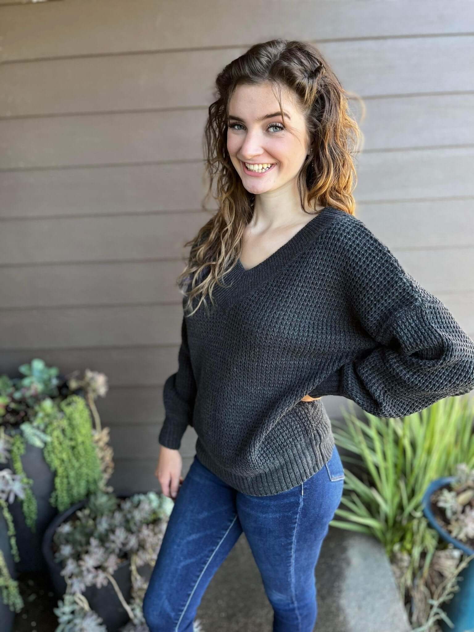 Charcoal Wide V-Neck Sweater - Lavender Hills BeautyZenana
