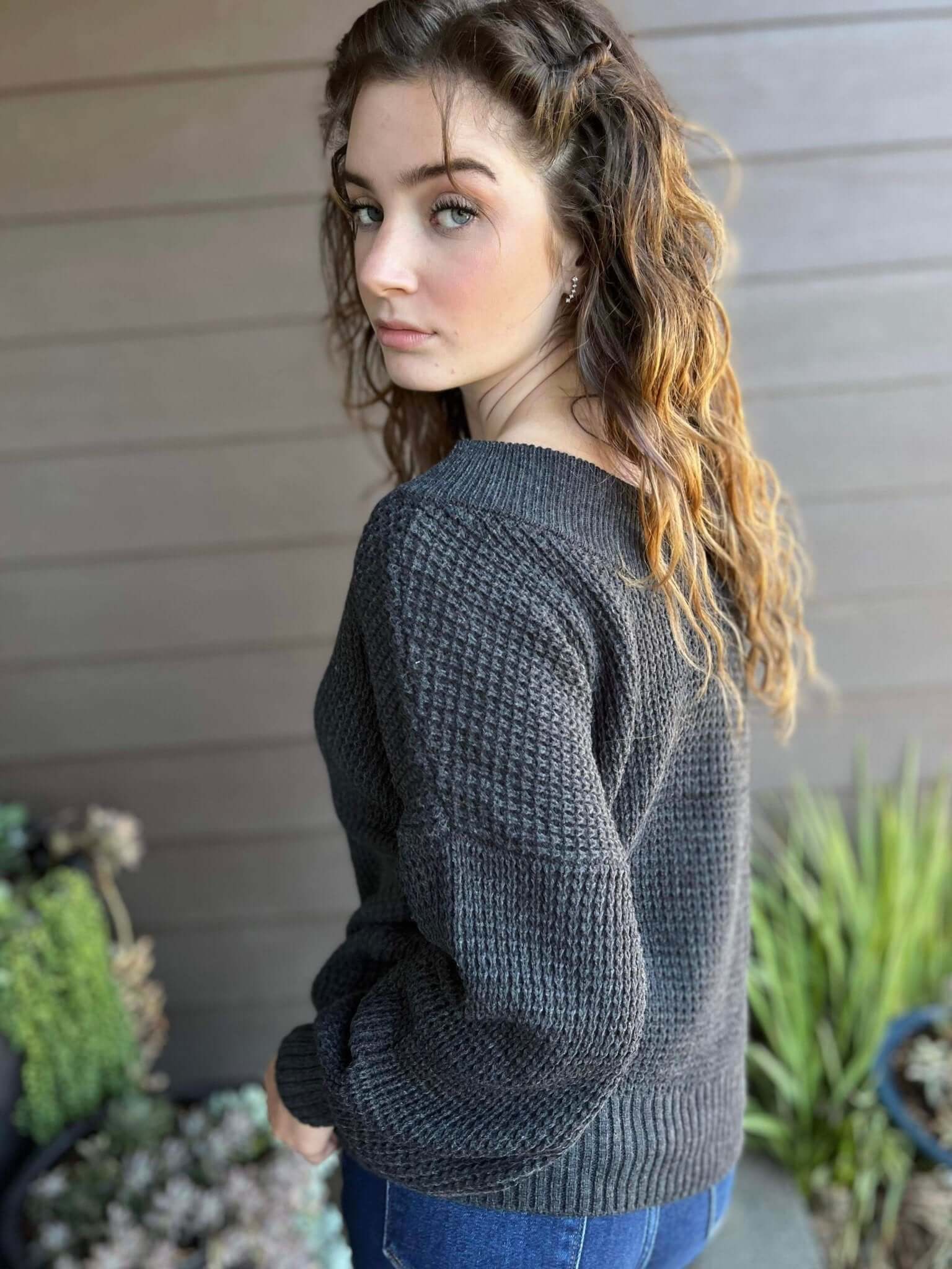 Charcoal Wide V-Neck Sweater - Lavender Hills BeautyZenana