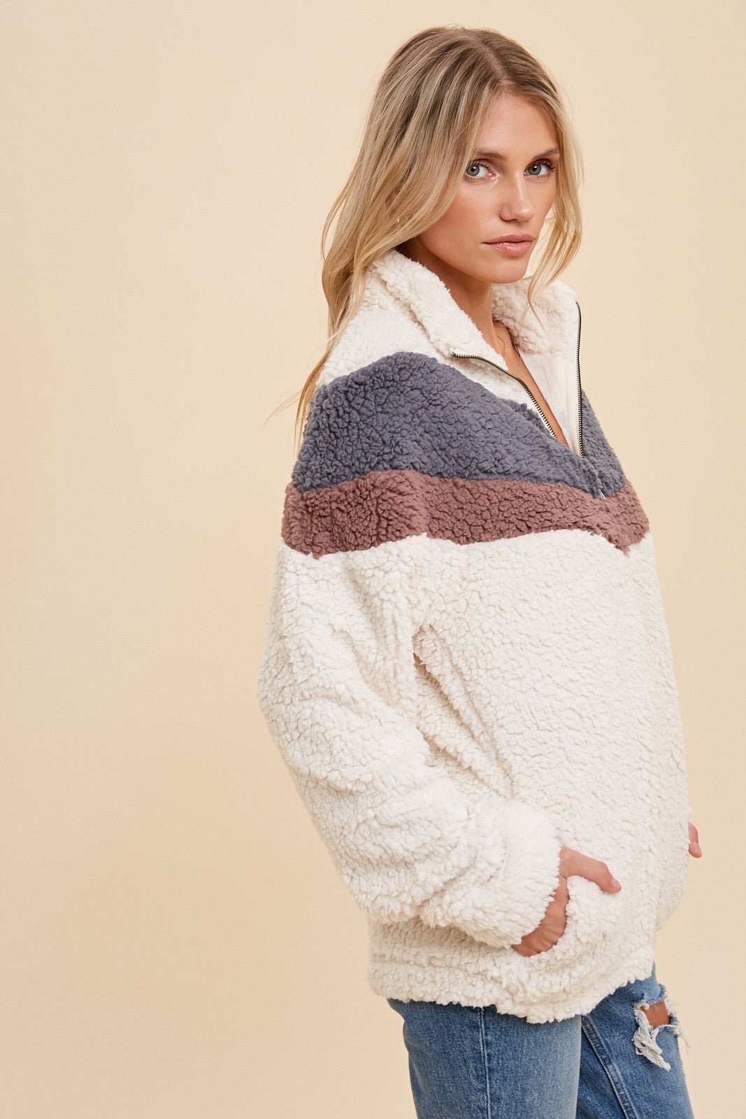 Chevron Sherpa Zip Neck Pullover Sweatshirt - Lavender Hills BeautyHem & Thread30167JC-SHERPA