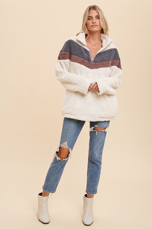 Chevron Sherpa Zip Neck Pullover Sweatshirt - Lavender Hills BeautyHem & Thread30167JC-SHERPA