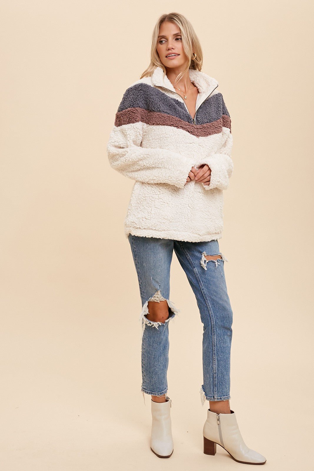 Chevron Sherpa Zip Neck Pullover Sweatshirt - Lavender Hills BeautyHem & Thread30167JC-SHERPA