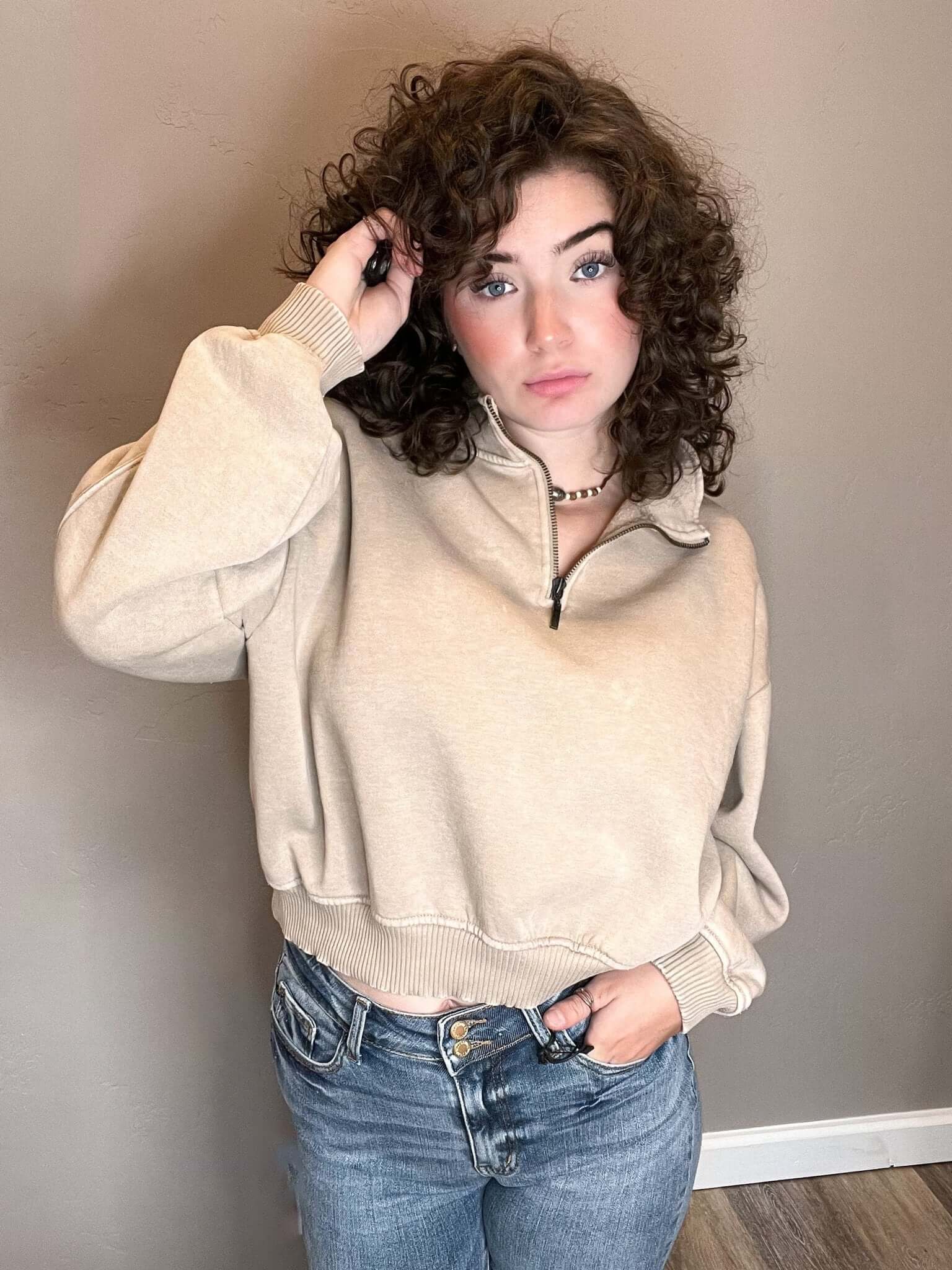 Cropped Acid Wash Half Zip Sweatshirt - Light Mocha - Lavender Hills BeautyZenana