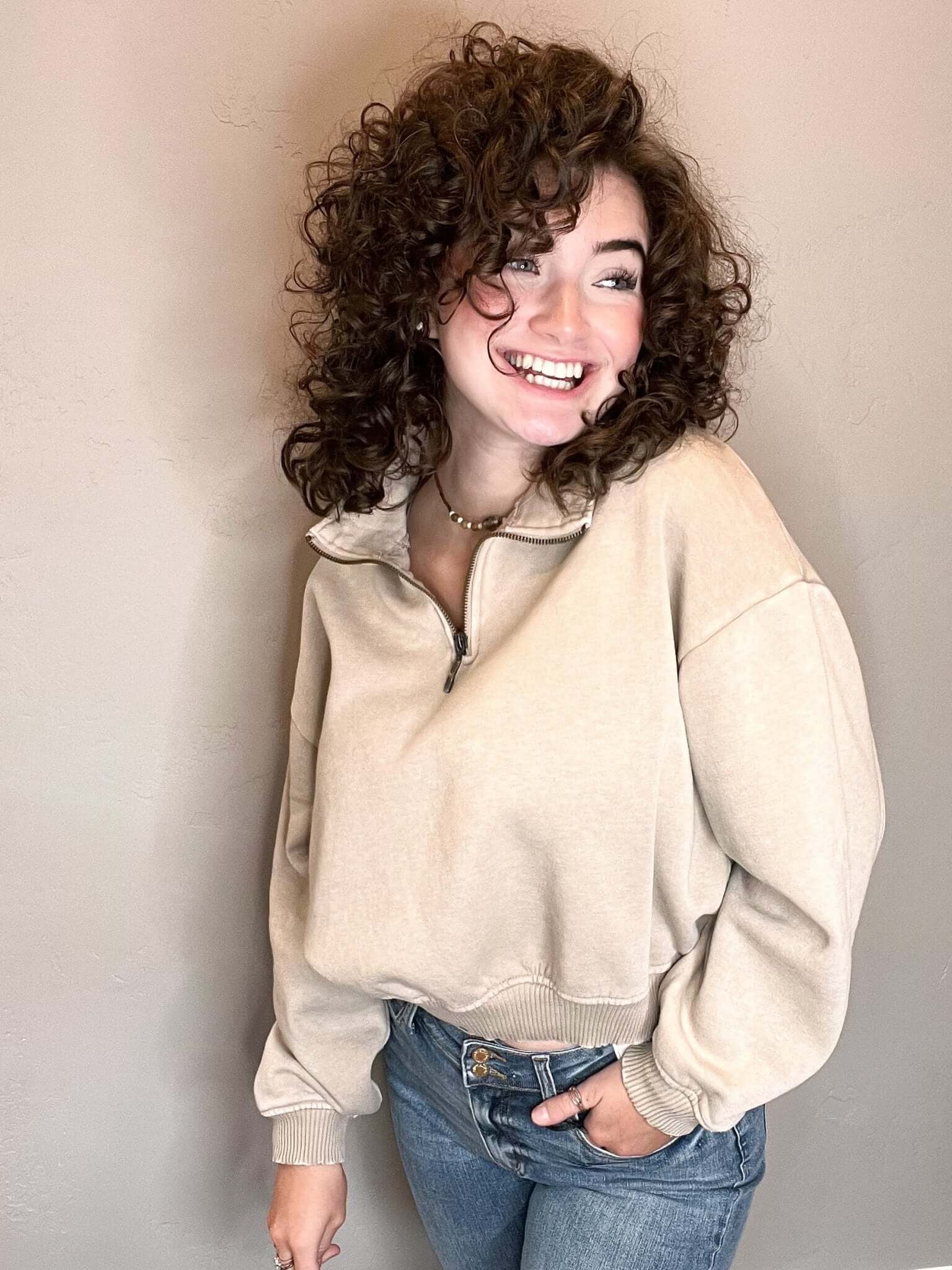 Cropped Acid Wash Half Zip Sweatshirt - Light Mocha - Lavender Hills BeautyZenana