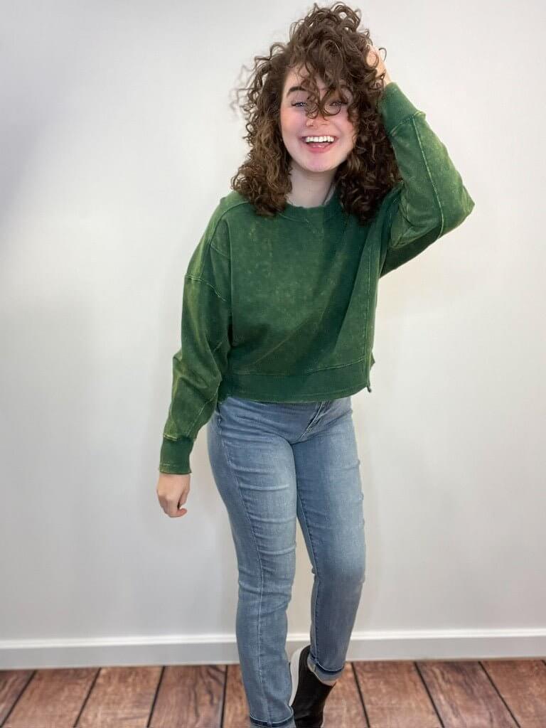 Acid Wash Raw Hem Pullover Sweatshirt - Dark Green - Lavender Hills BeautyZenana