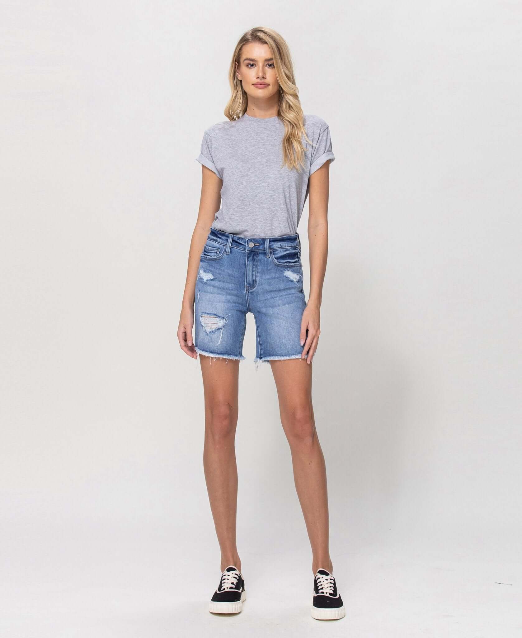Luminous - Stretch High Rise Midi Denim Shorts | Vervet by Flying Monkey | V2876 - Lavender Hills BeautyVervetV2876