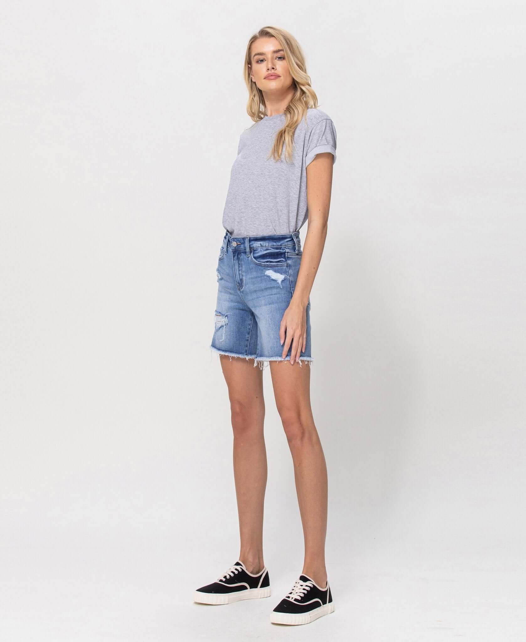 Luminous - Stretch High Rise Midi Denim Shorts | Vervet by Flying Monkey | V2876 - Lavender Hills BeautyVervetV2876